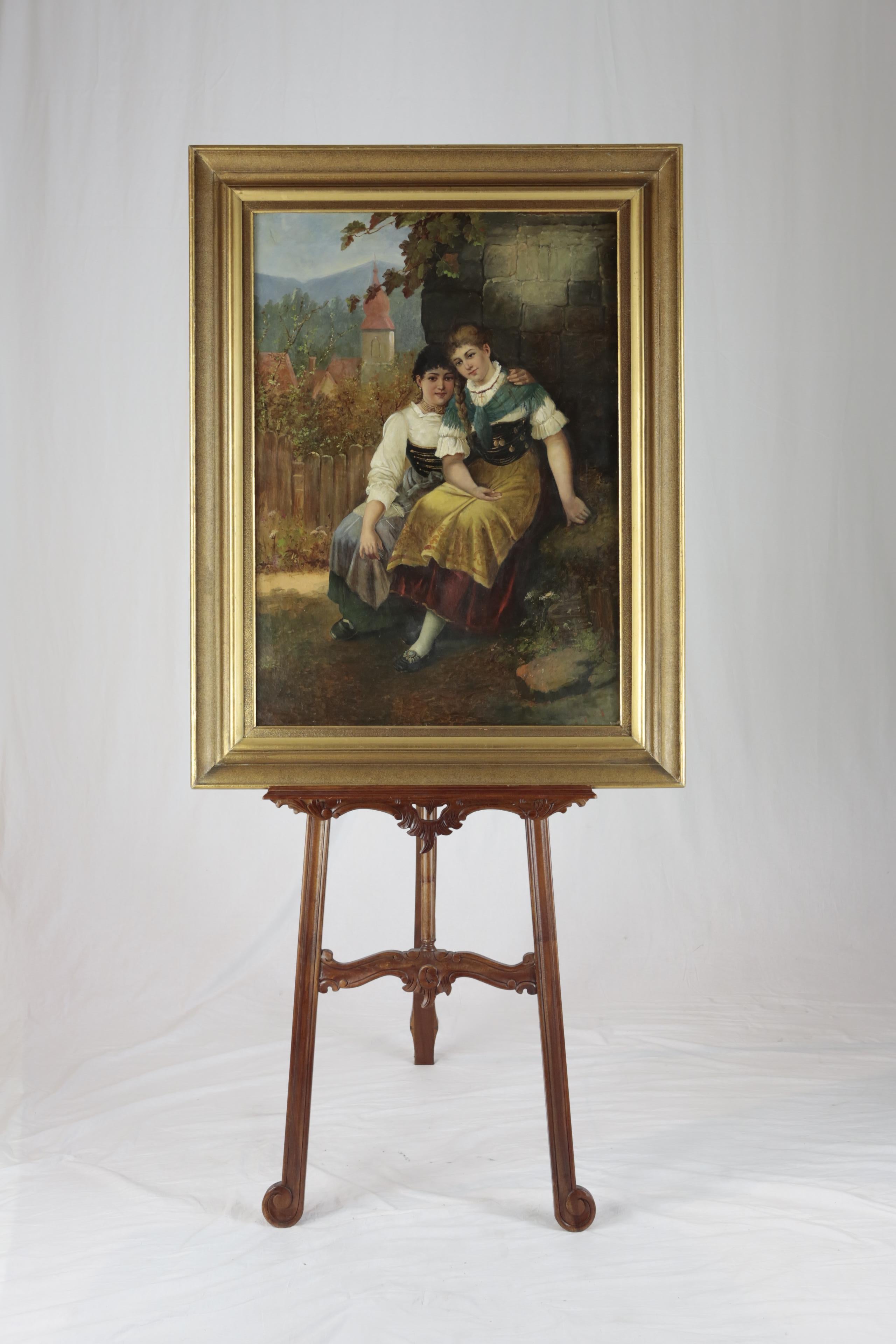 19th Century Genre Scene, Two Girls before Idyllic Village View by C. Rabert In Good Condition For Sale In Muenster, NRW