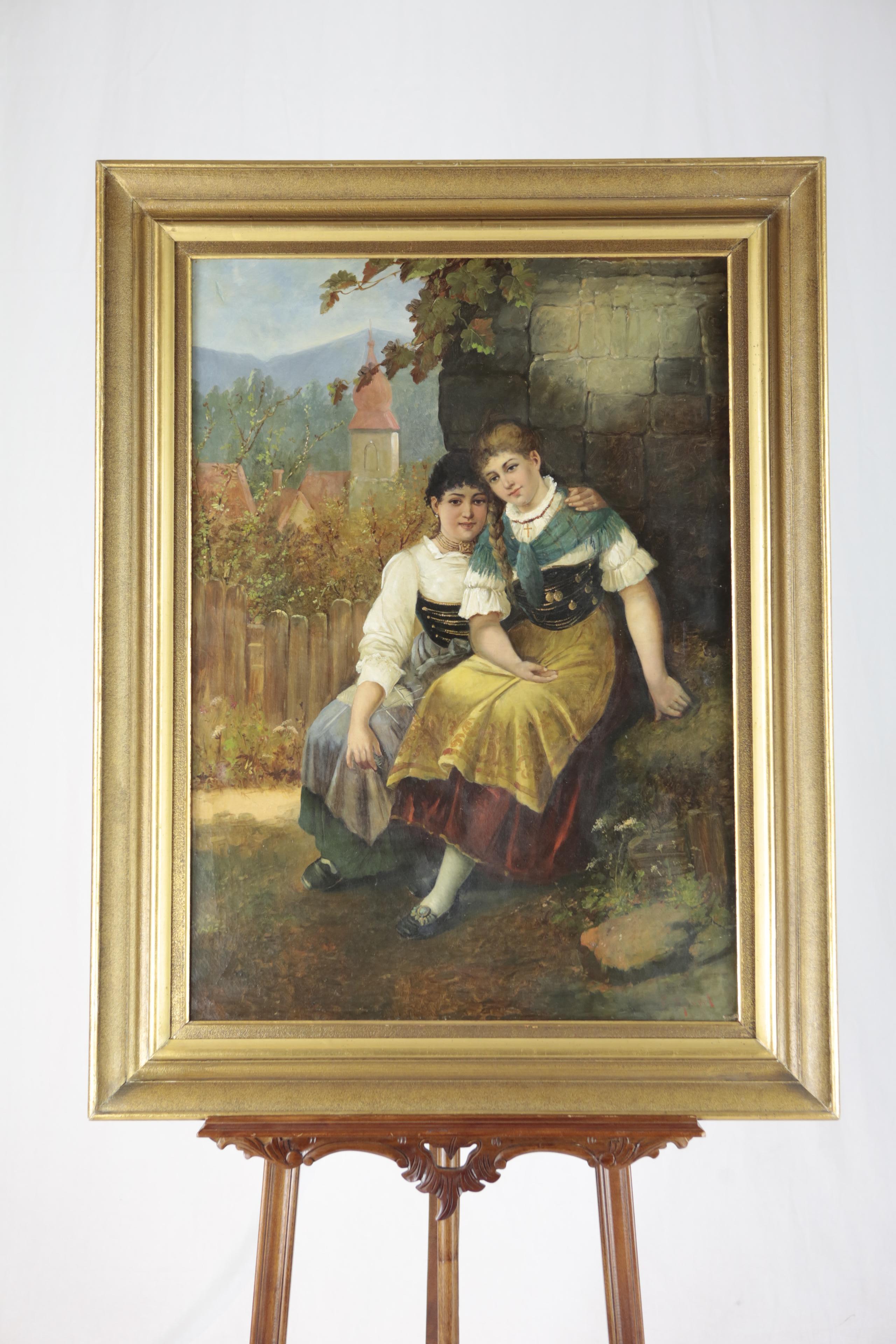 19th Century Genre Scene, Two Girls before Idyllic Village View by C. Rabert For Sale 1