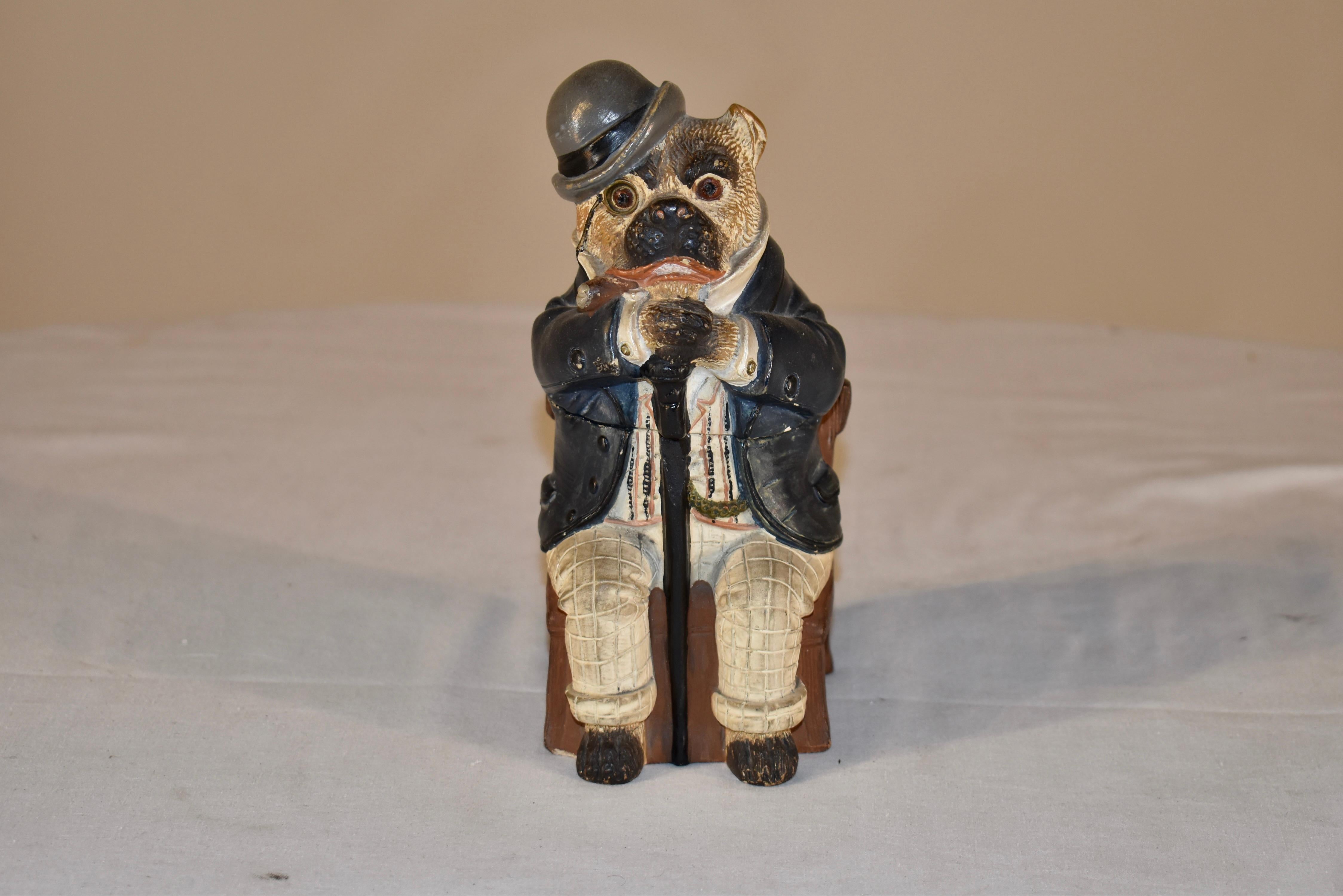 RARE 19th century signed Johann Maresh tobacco jar in the form of a gentleman bulldog. This is one of those wonderful tobacco boxes you look for to be the star of your collection. He is so whimsical in his monocle and bowler hat, seated with a