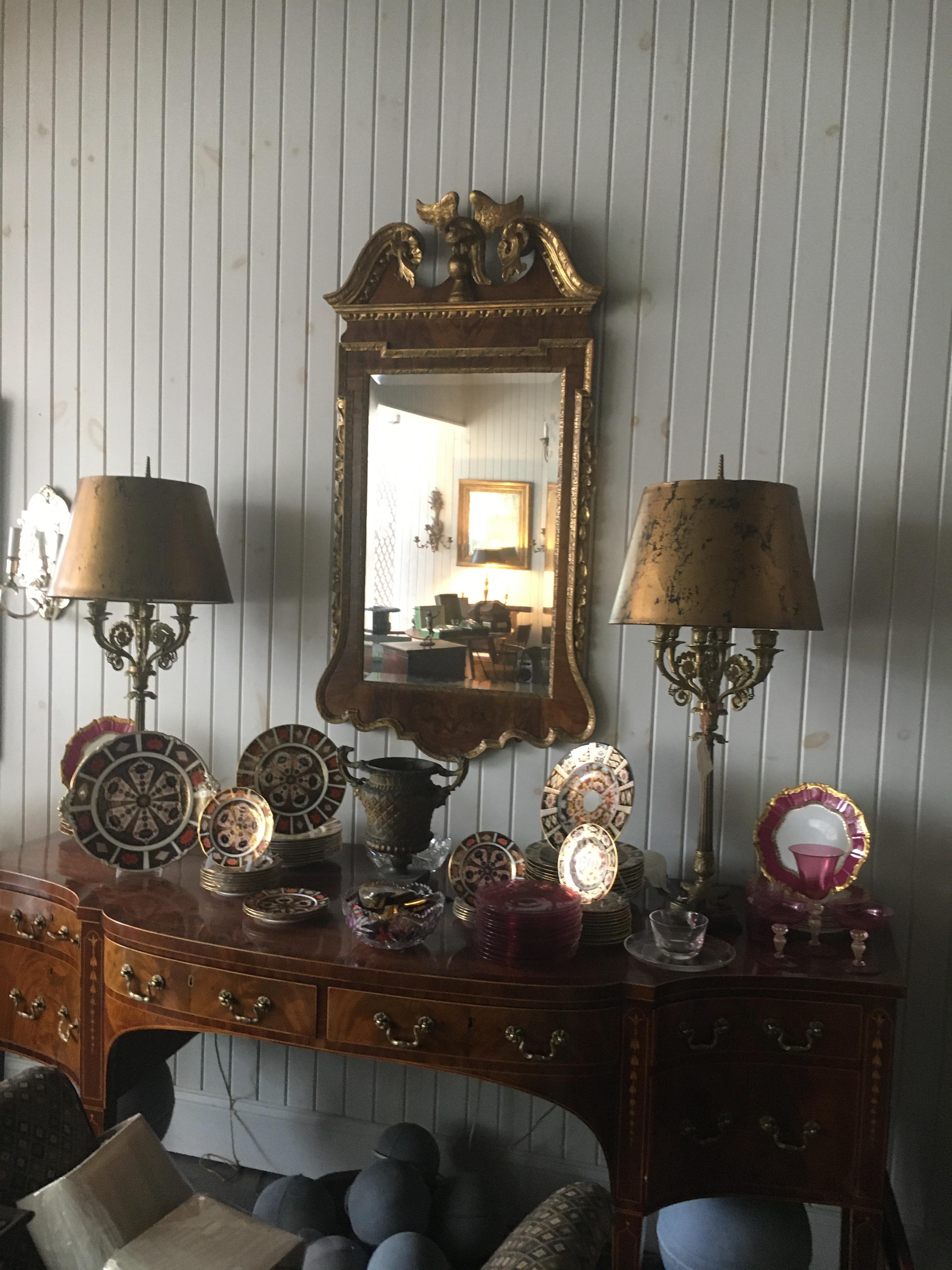 A 19th Century Geo III Style Mirror, Burled Walnut With Giltwood Decoration.  Great Scale, Color and Patination.
54