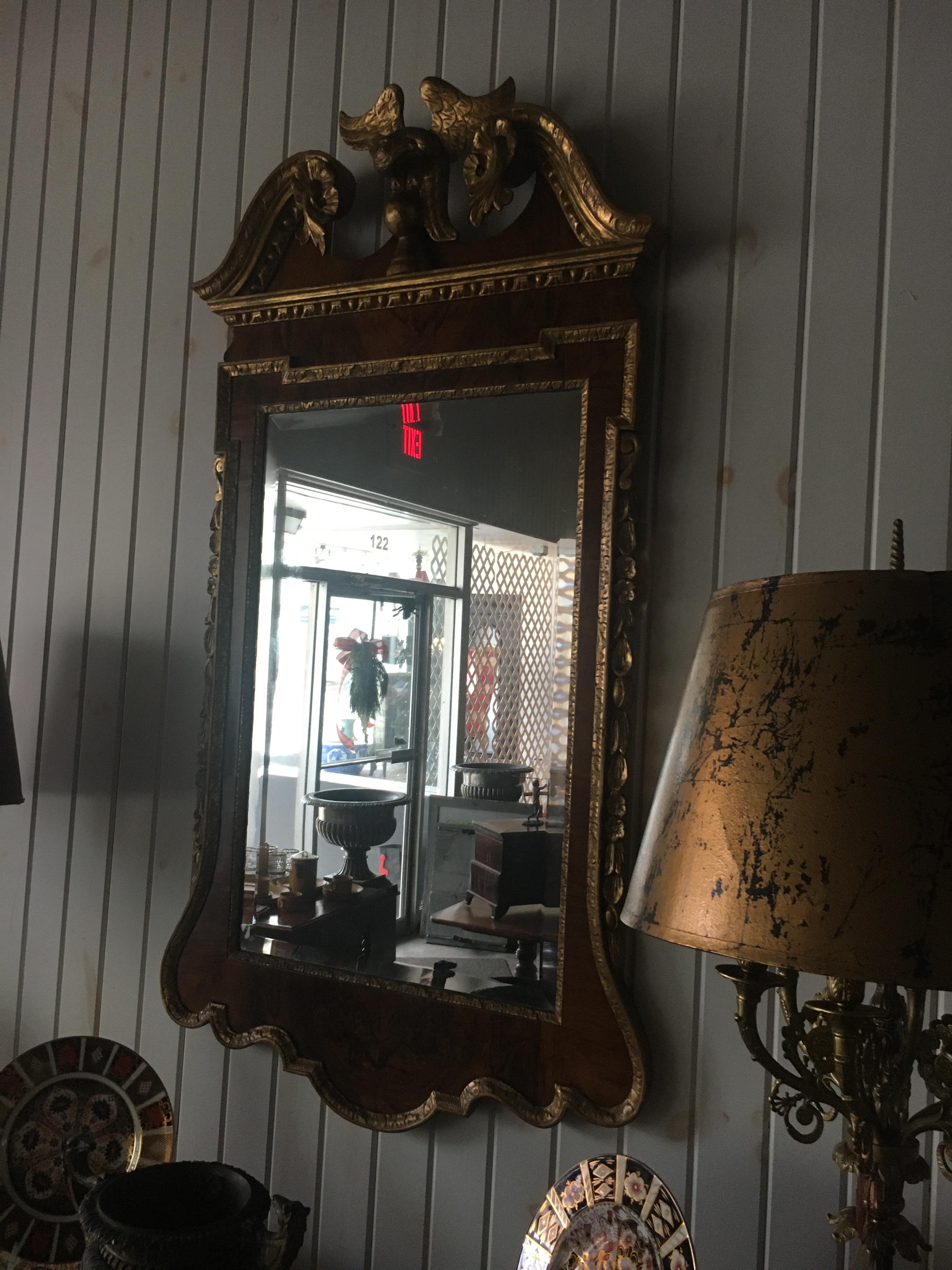 19th Century Geo III Style Mirror, Burled Walnut With Giltwood Decoration In Excellent Condition In Buchanan, MI