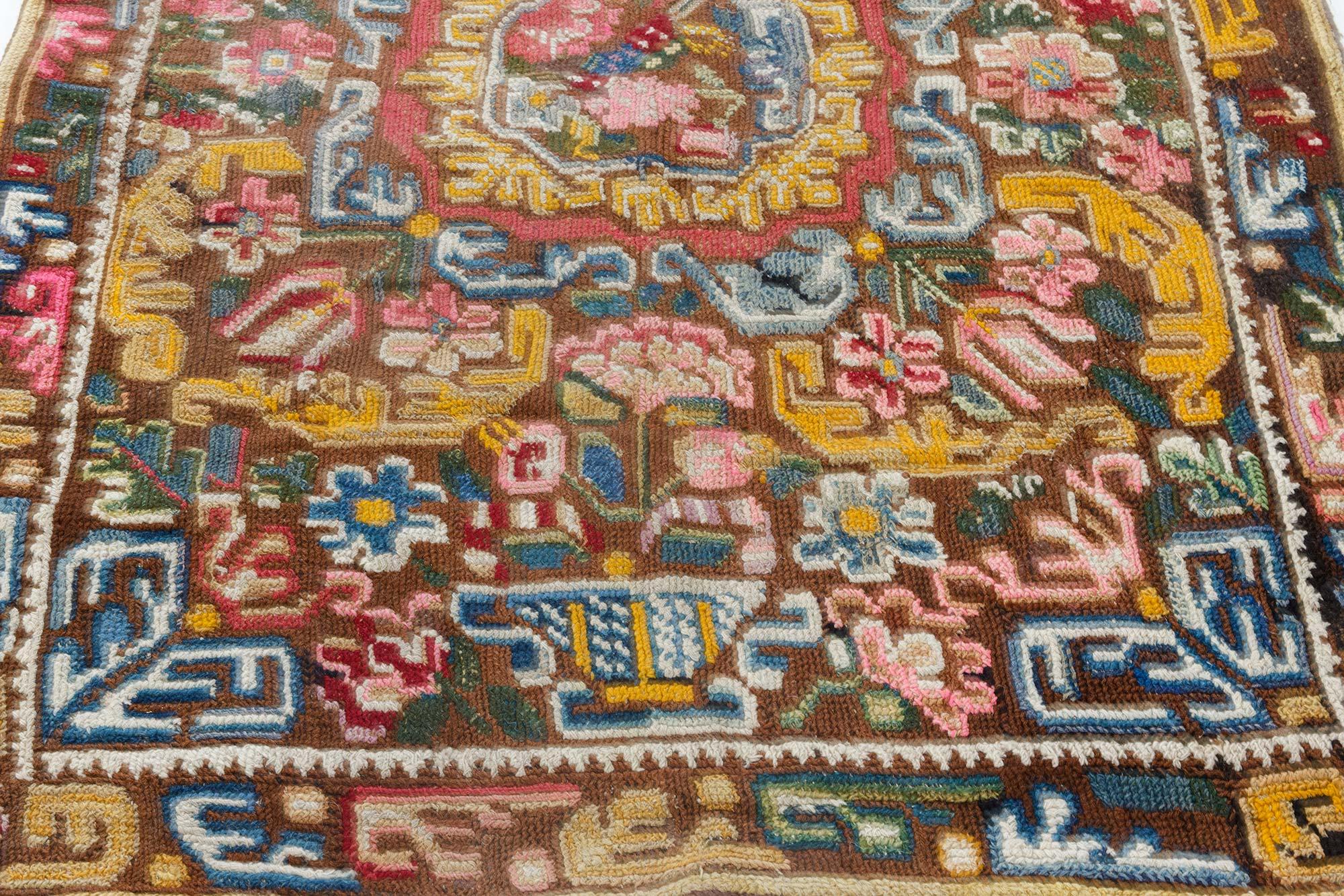 Wool 19th Century Geometric Floral Needlework Carpet