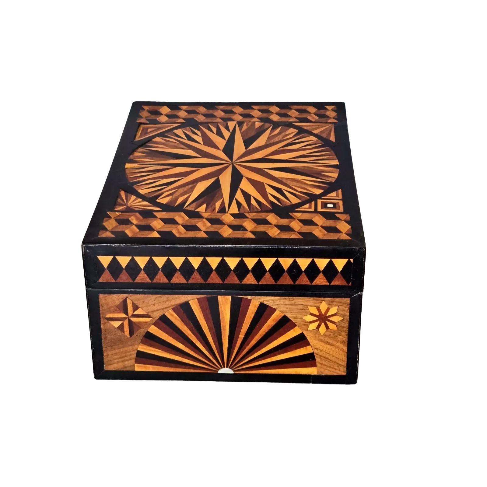 Regency 19th Century Geometric Inlaid Jewelry or Dresser Box with Ebony Trim For Sale