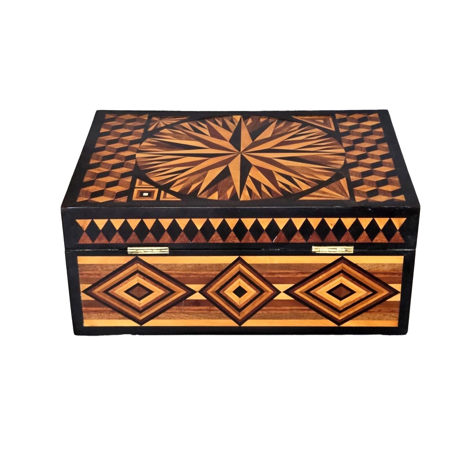 English 19th Century Geometric Inlaid Jewelry or Dresser Box with Ebony Trim For Sale