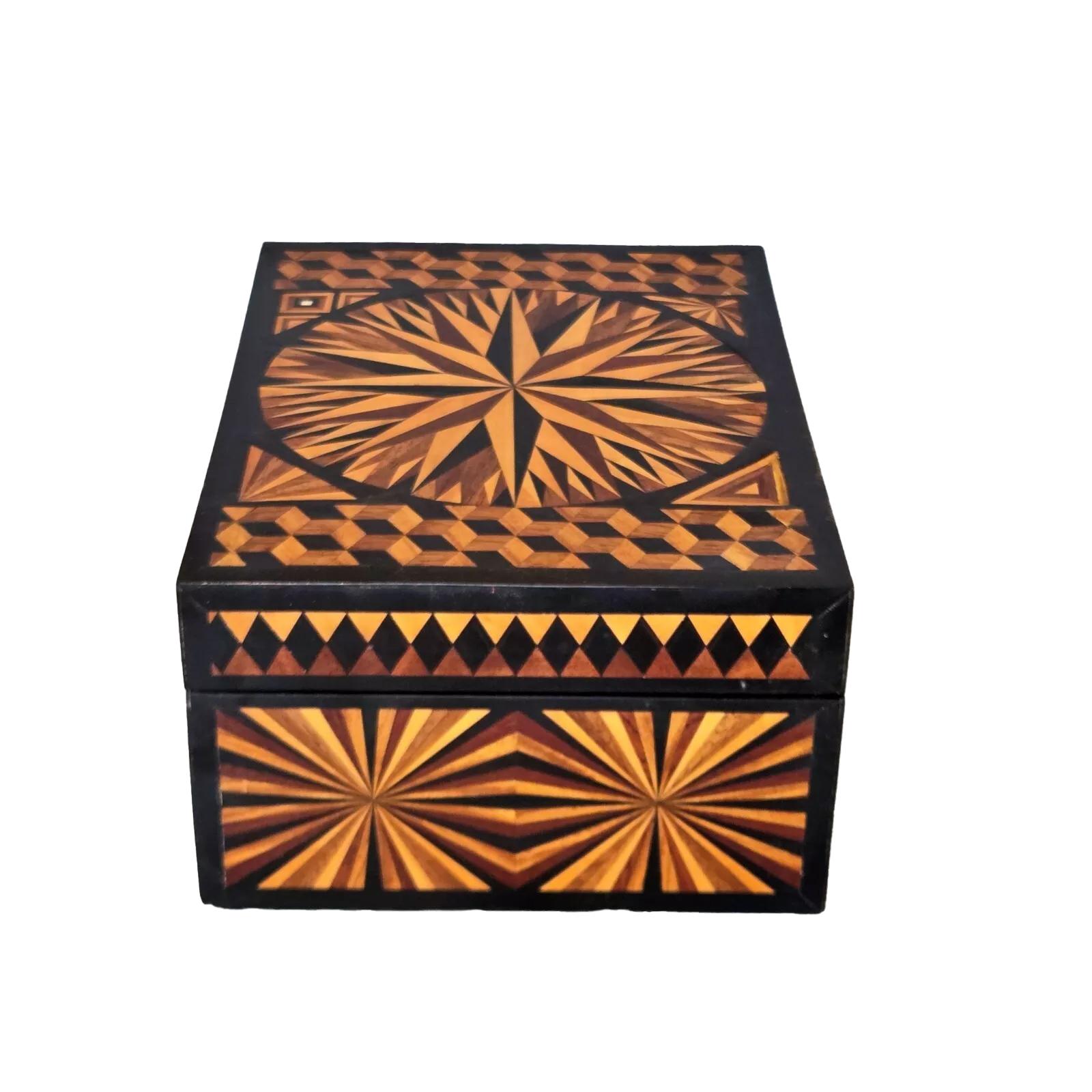 19th Century Geometric Inlaid Jewelry or Dresser Box with Ebony Trim In Good Condition For Sale In Chapel Hill, NC