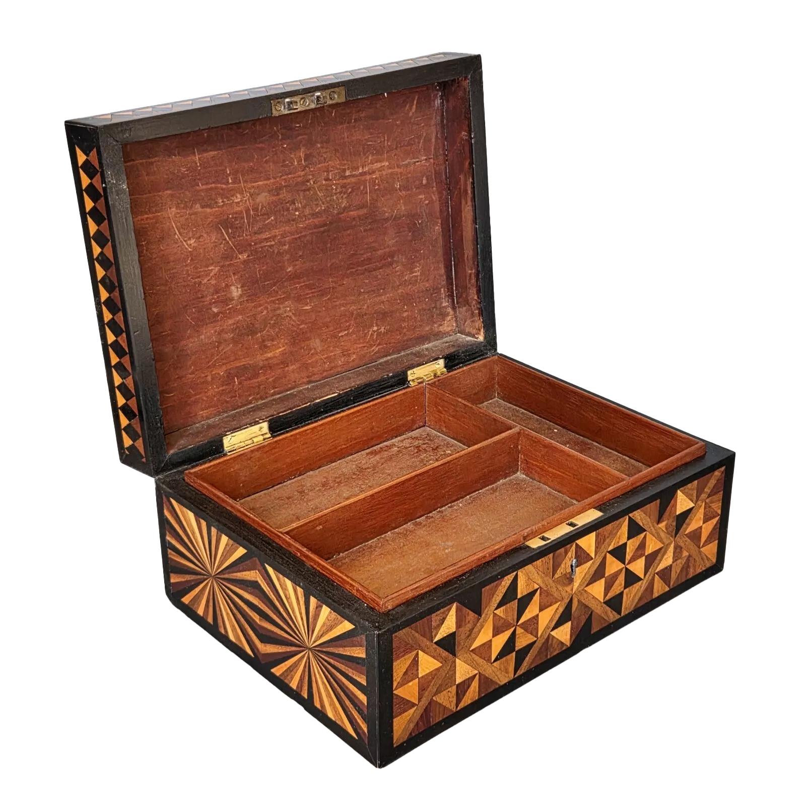 Wood 19th Century Geometric Inlaid Jewelry or Dresser Box with Ebony Trim For Sale