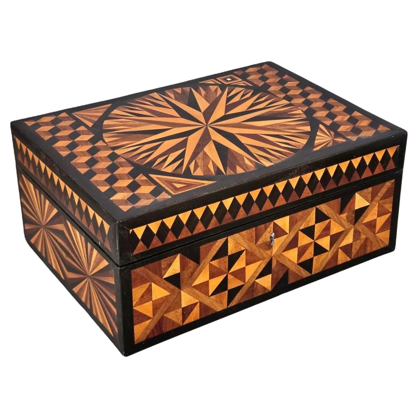 19th Century Geometric Inlaid Jewelry or Dresser Box with Ebony Trim For Sale