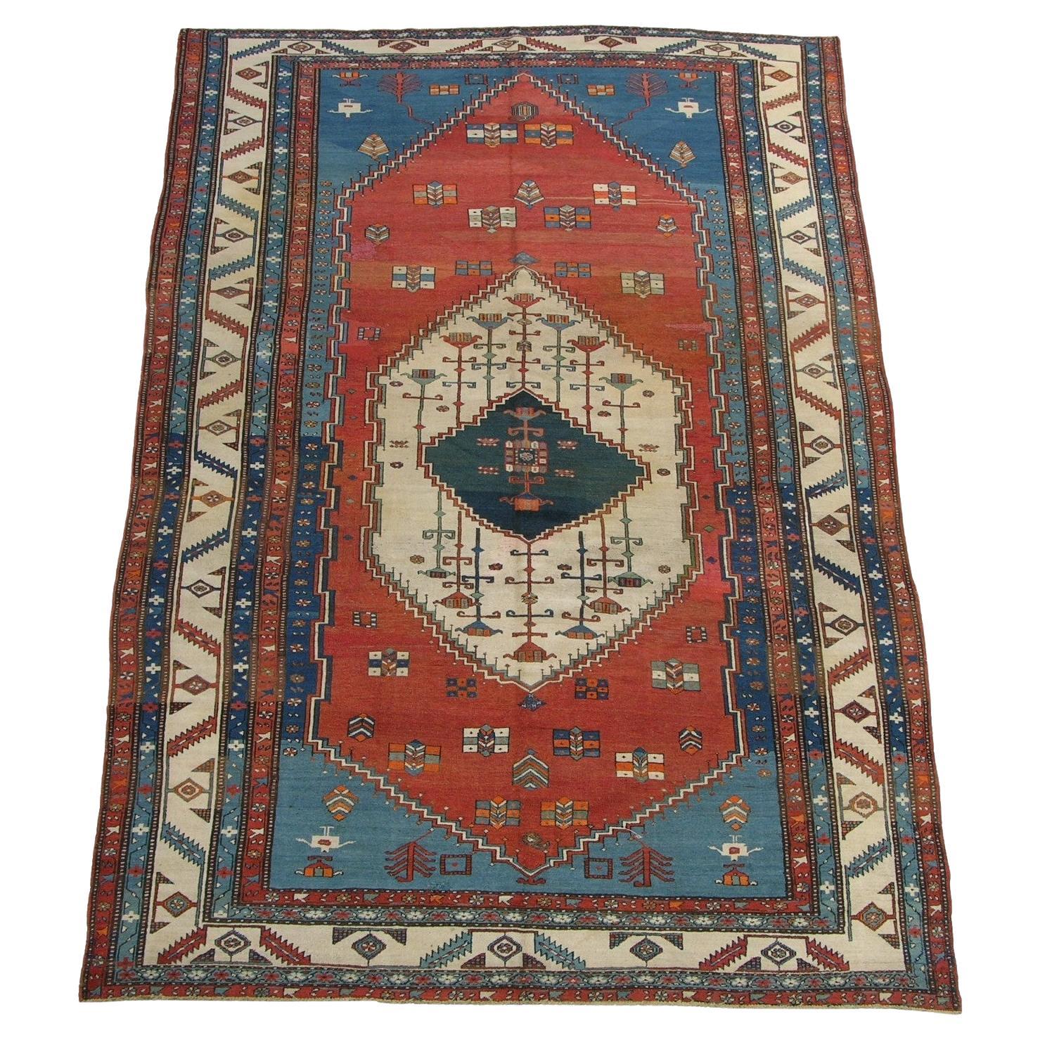 19th Century Geometric Tribal Serapi Heriz Tabriz Rug For Sale