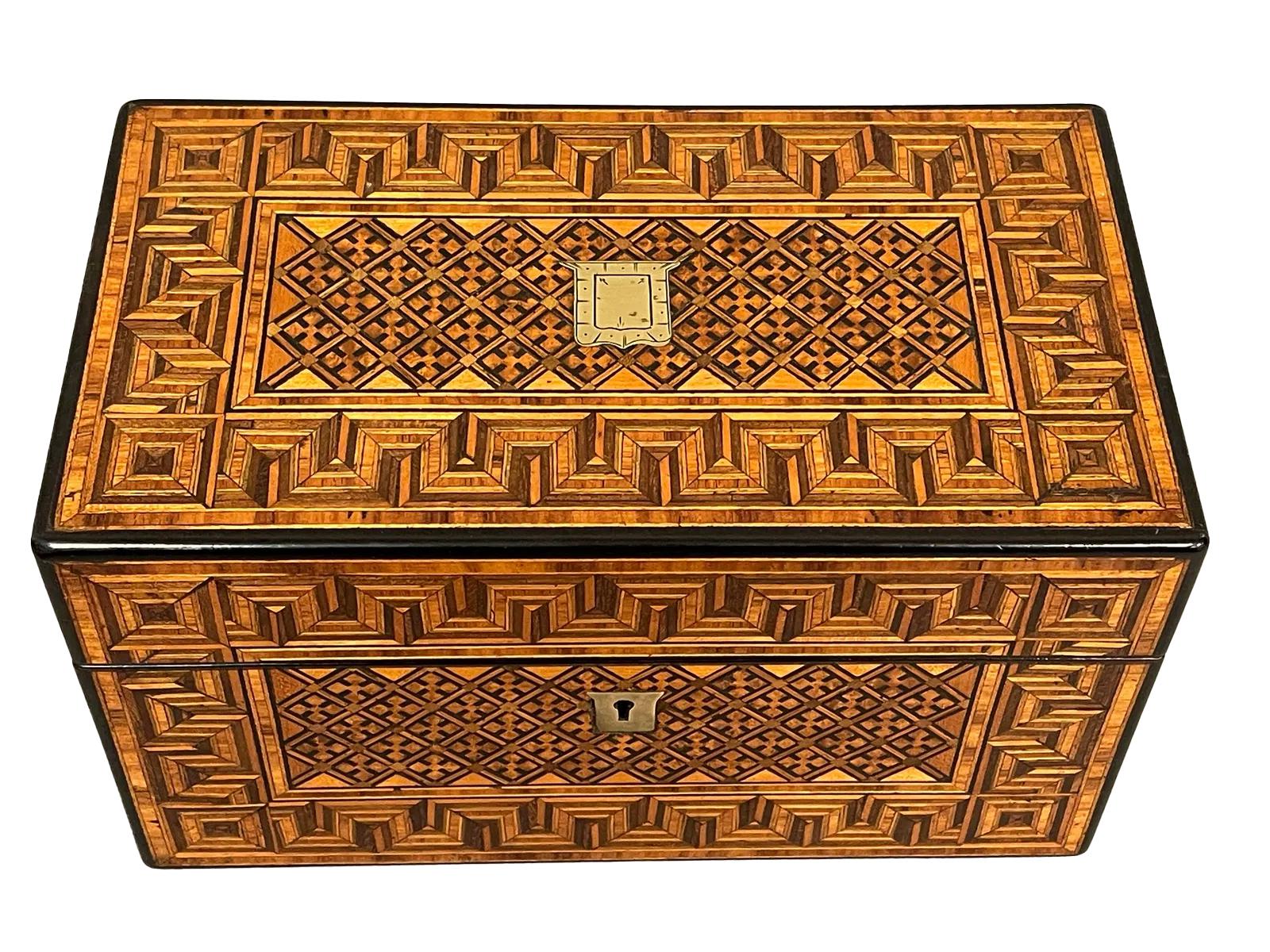 Caja de té de doble cámara con incrustaciones geométricas del siglo XIX Victoriano en venta