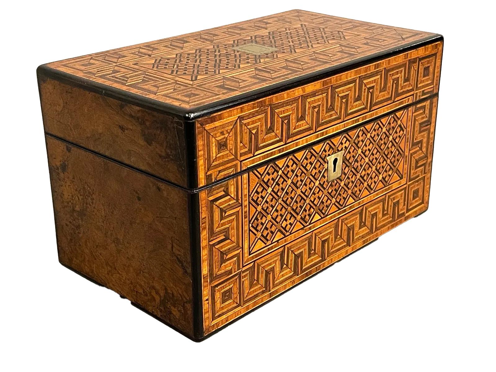 Caja de té de doble cámara con incrustaciones geométricas del siglo XIX Inglés en venta