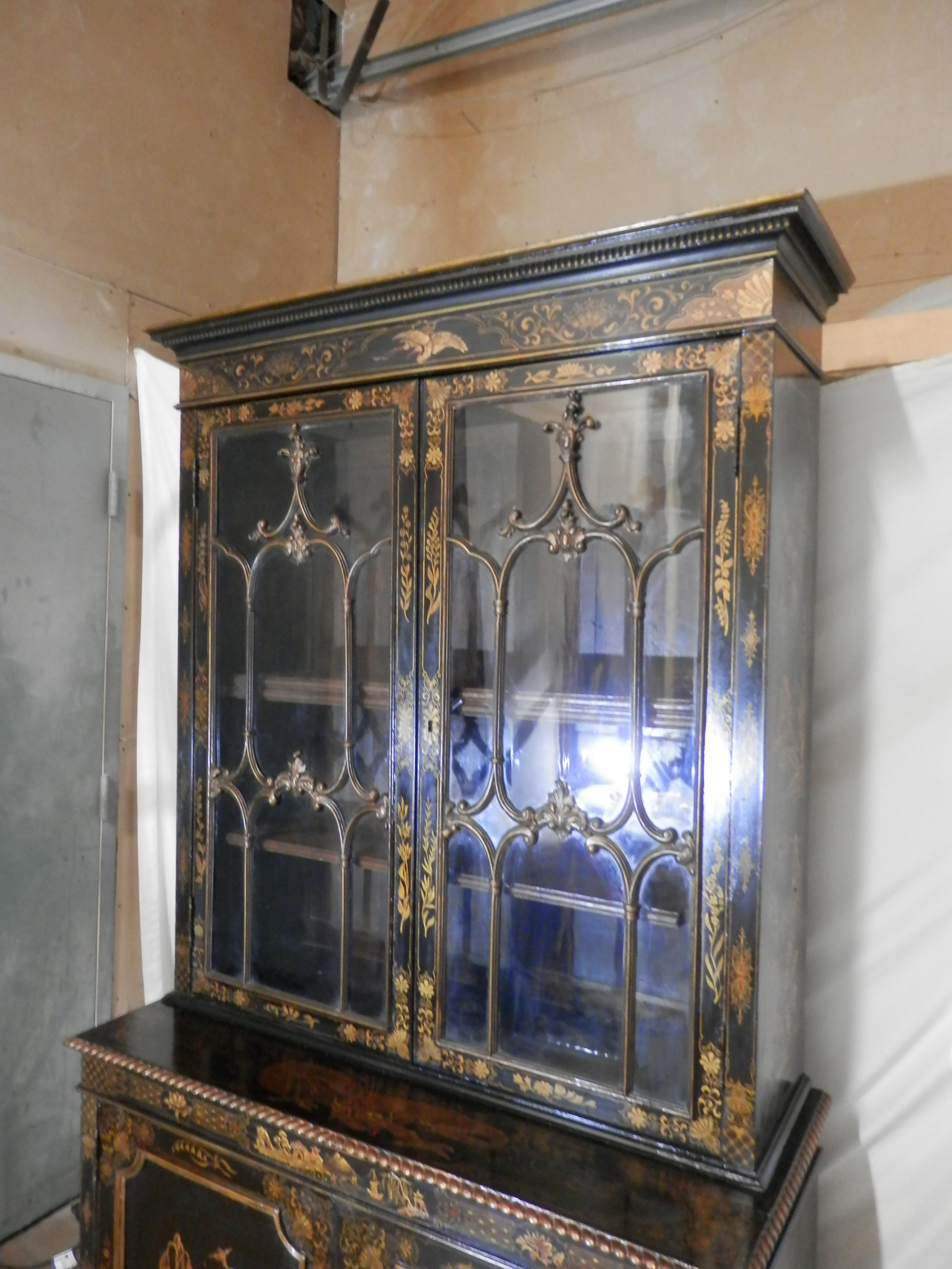 Paint 19th Century George 111 Period Chinoiserie Black Lacquered Viewing Cabinet