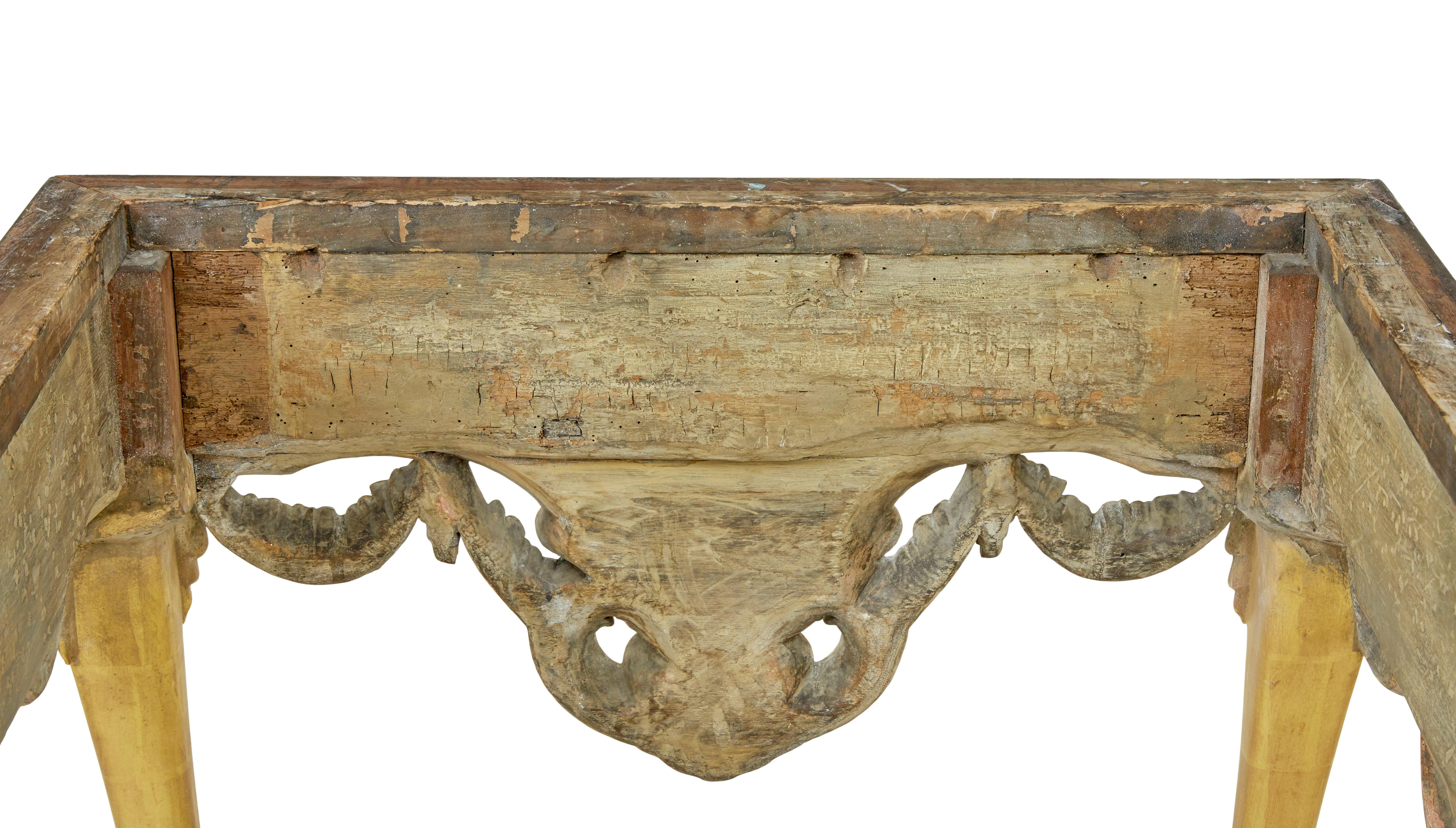 19th century George II influenced marble top center table circa 1890.

We are pleased to offer this stunning table, made in the late 19th century with a George II design.

Deep layered marble top surface with greys, greens, browns and reds sits on