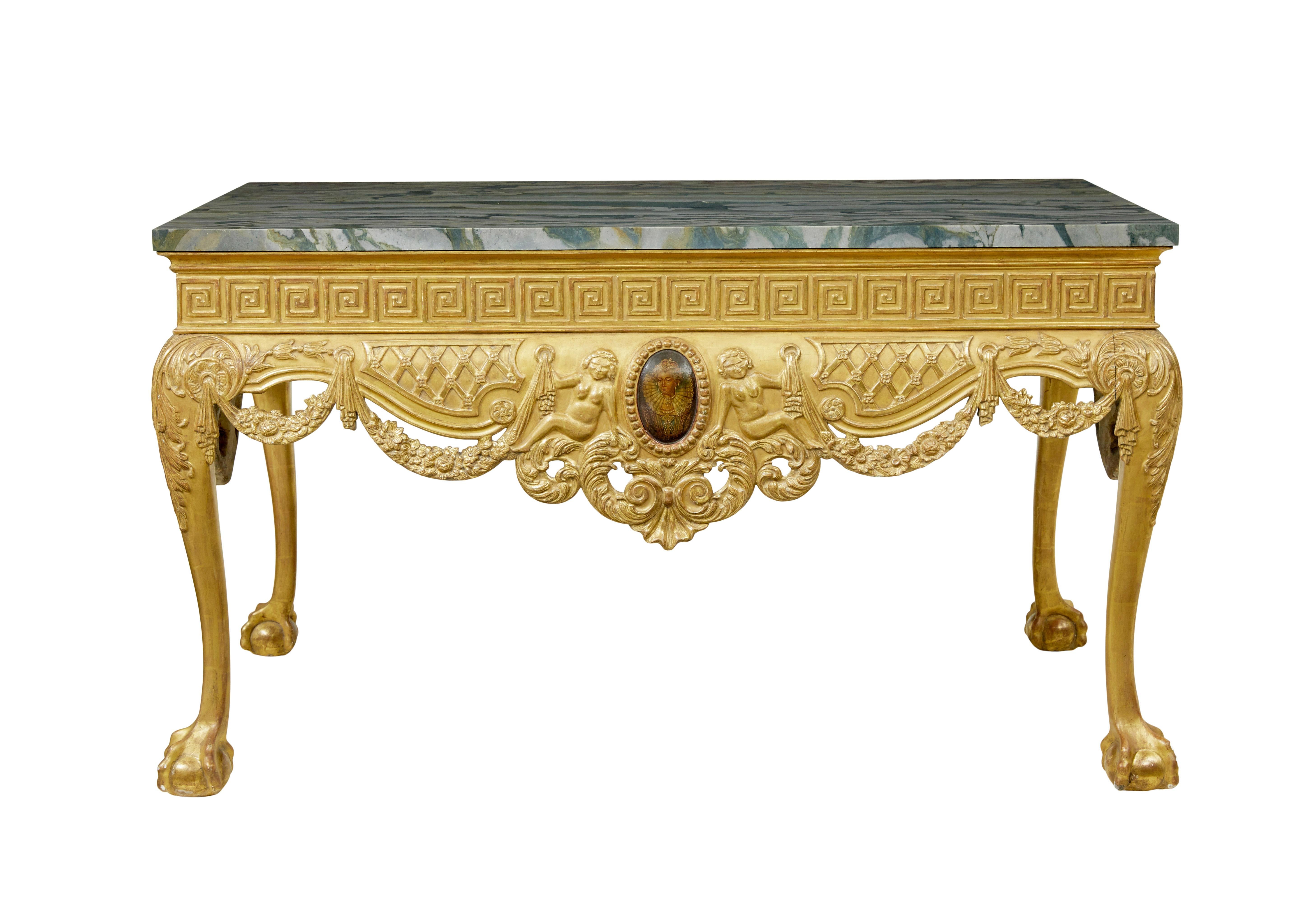 Hand-Carved 19th century George II influenced marble top center table For Sale
