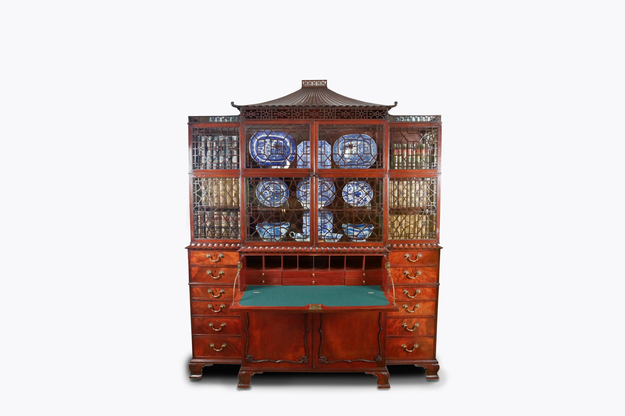 English 19th Century George III Chinese Chippendale Breakfront Display Cabinet