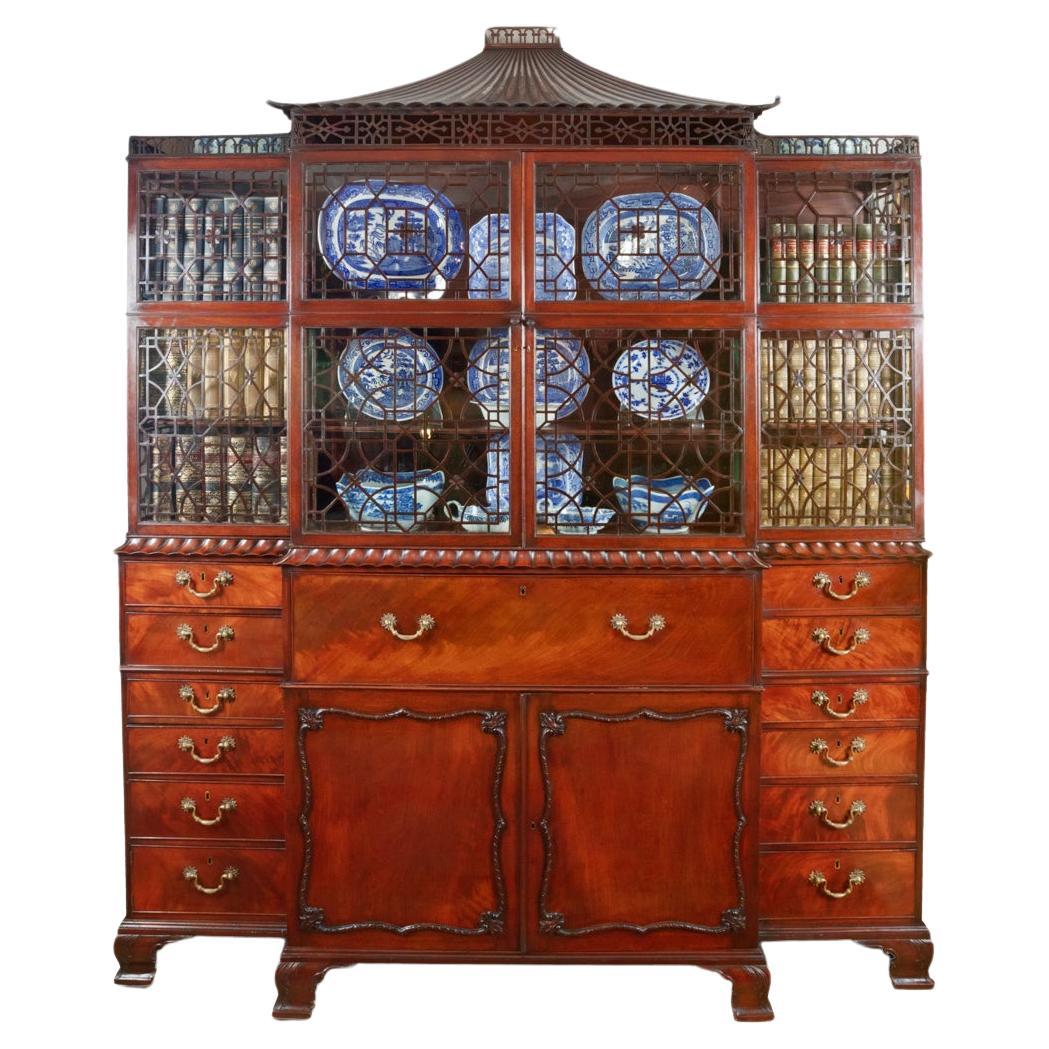 19th Century George III Chinese Chippendale Breakfront Display Cabinet