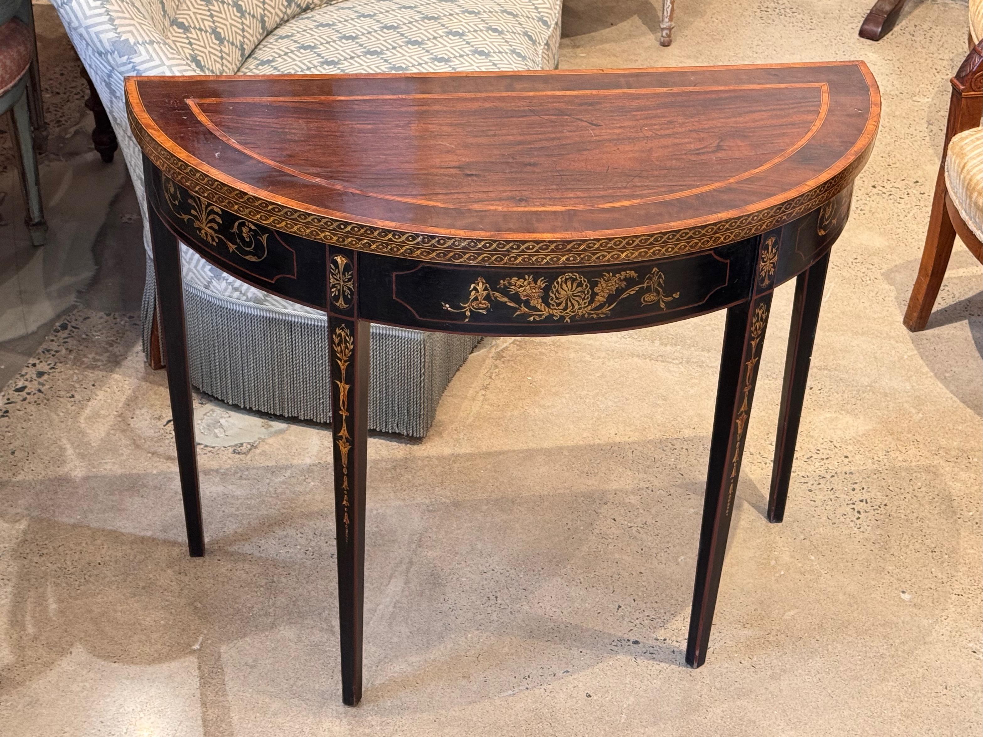 British 19th Century George III Ebonized and Inlaid Demilune Card Table
