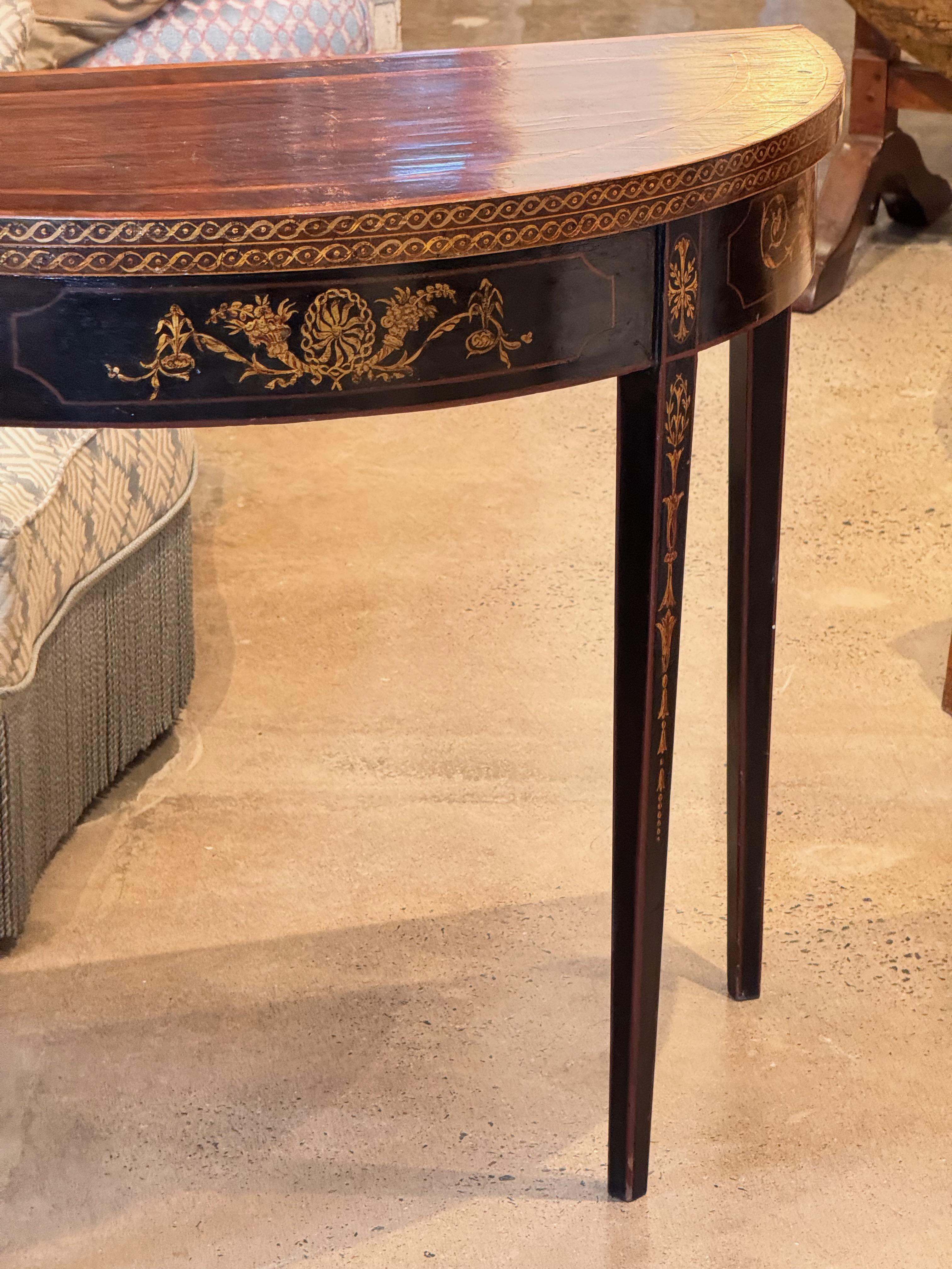 19th Century George III Ebonized and Inlaid Demilune Card Table In Good Condition In Charlottesville, VA