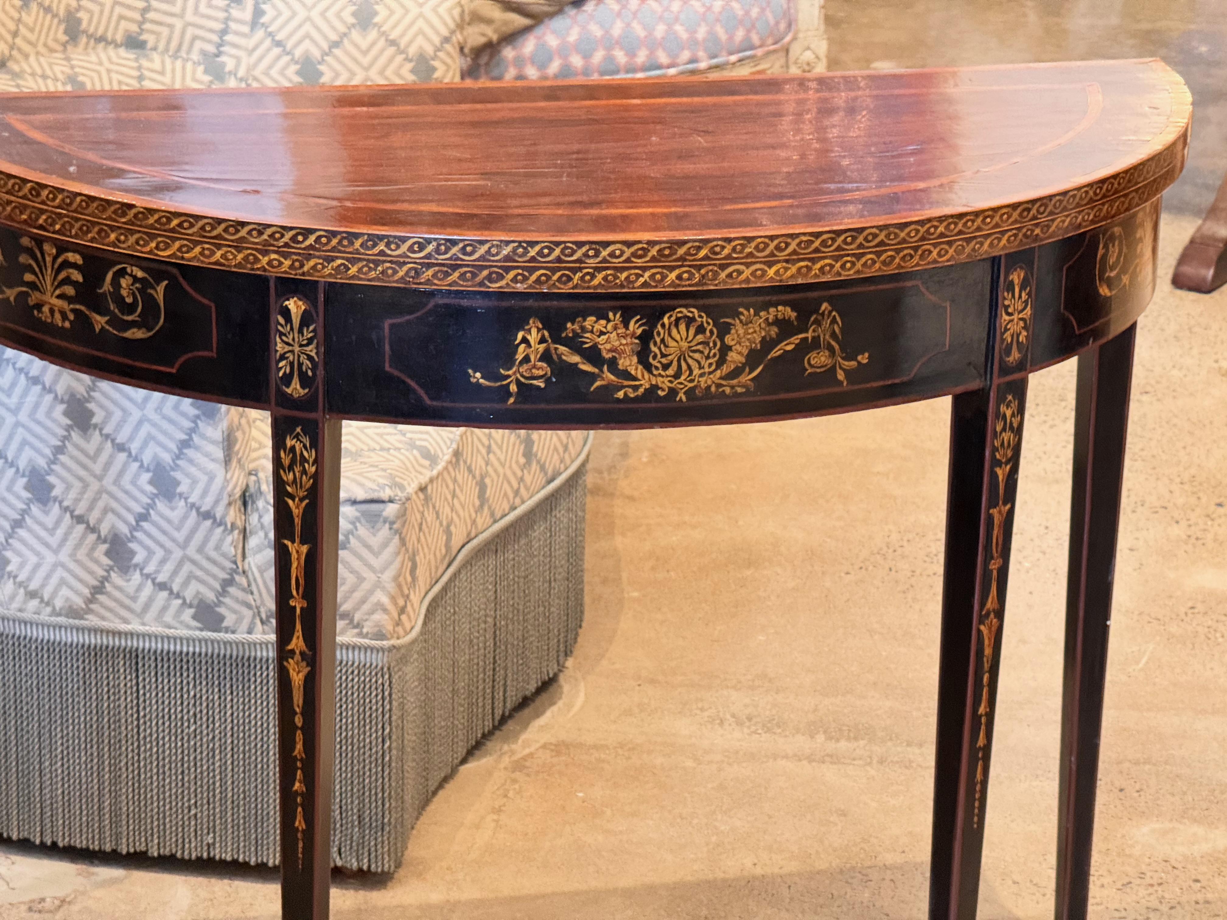 19th Century George III Ebonized and Inlaid Demilune Card Table 1