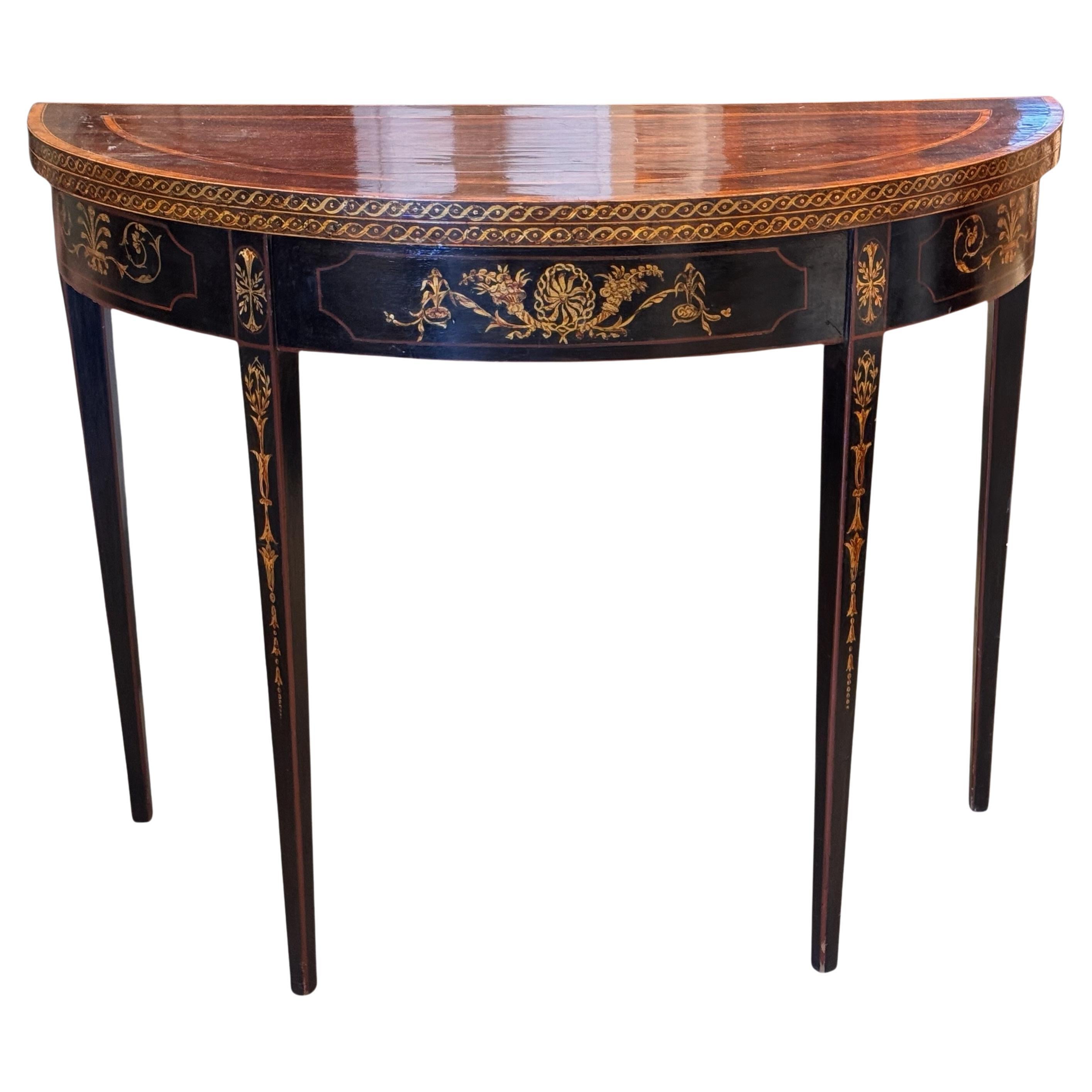 Table à cartes George III du 19ème siècle, en demi-lune ébénisée et incrustée