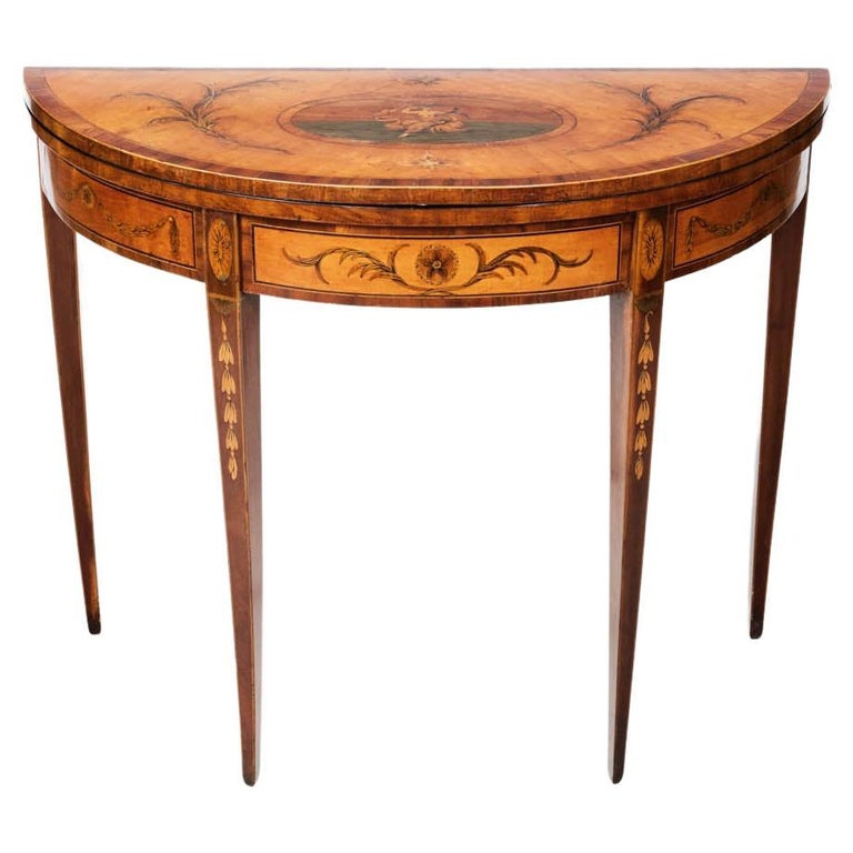 19th Century III Inlaid and Hand Painted Satinwood Card Table
