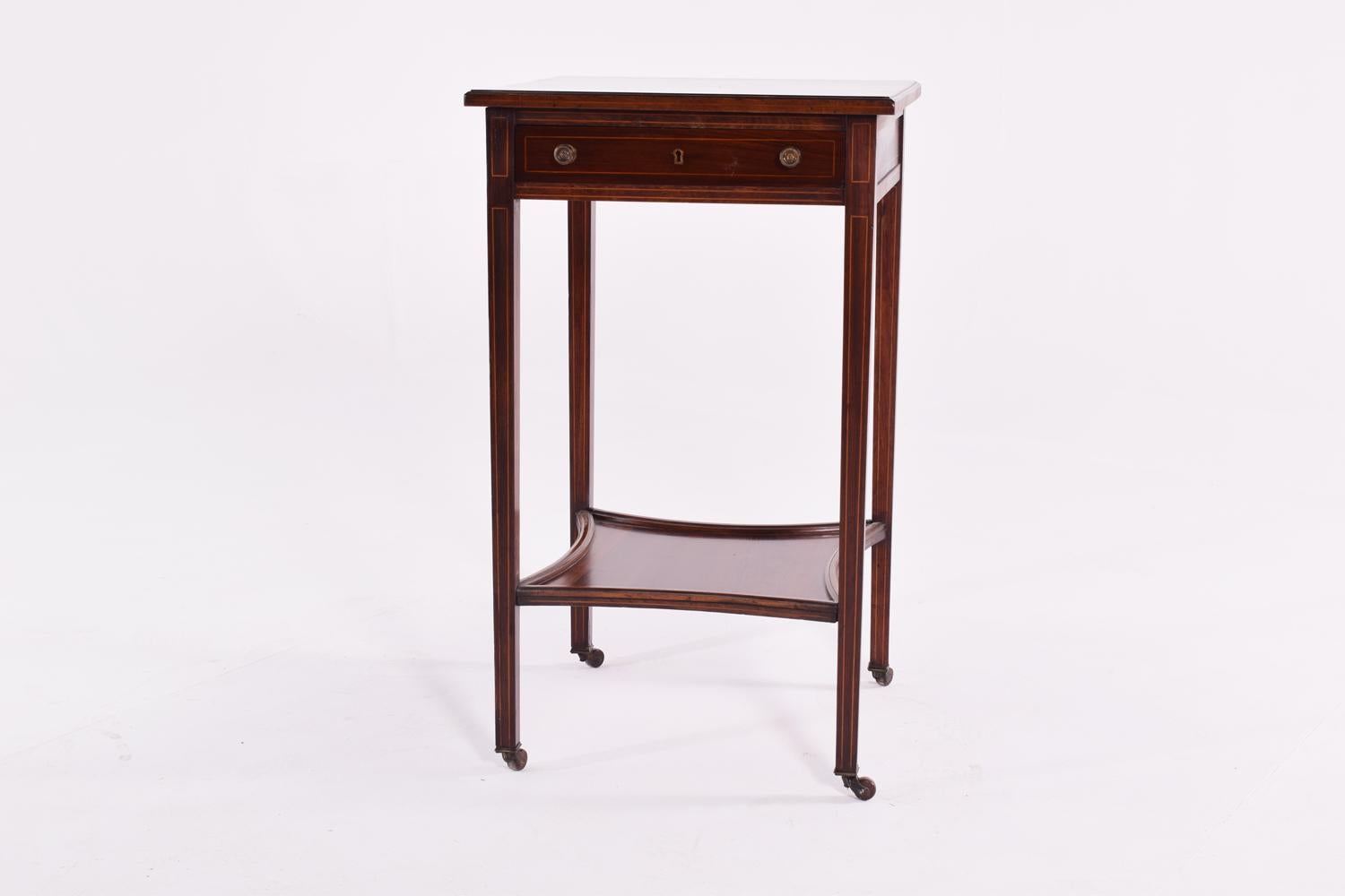 19th century George III rosewood side table with beautiful inlaid fan design satinwood inlays, shaped stretcher and tapered legs, and a single drawer. With solid rosewood and rosewood veneers.
