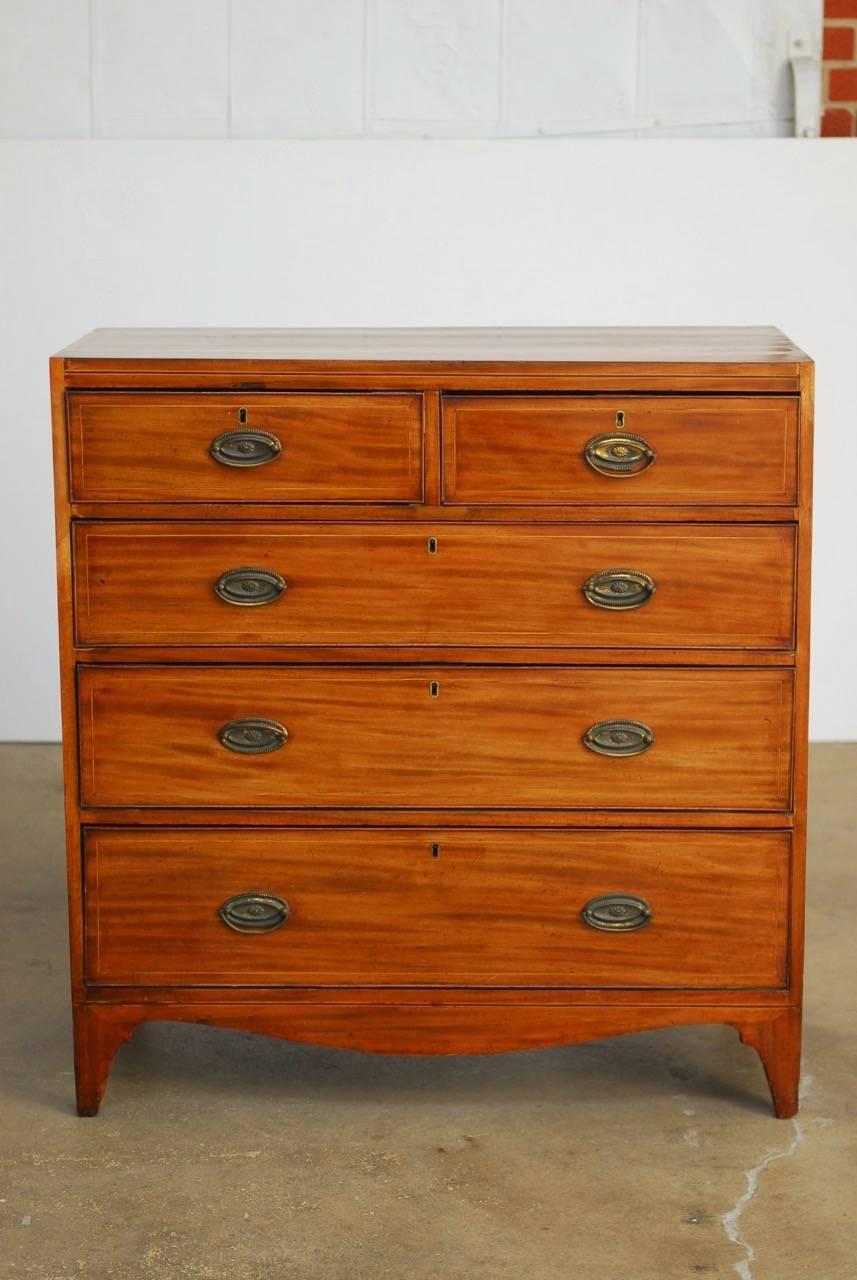 Distinctive 19th century George III period chest of drawers featuring a radiant grain mahogany. The case is fitted with five drawers that slide properly and smoothly with excellent fit. Each drawer has a raised lip or border and fine thread
