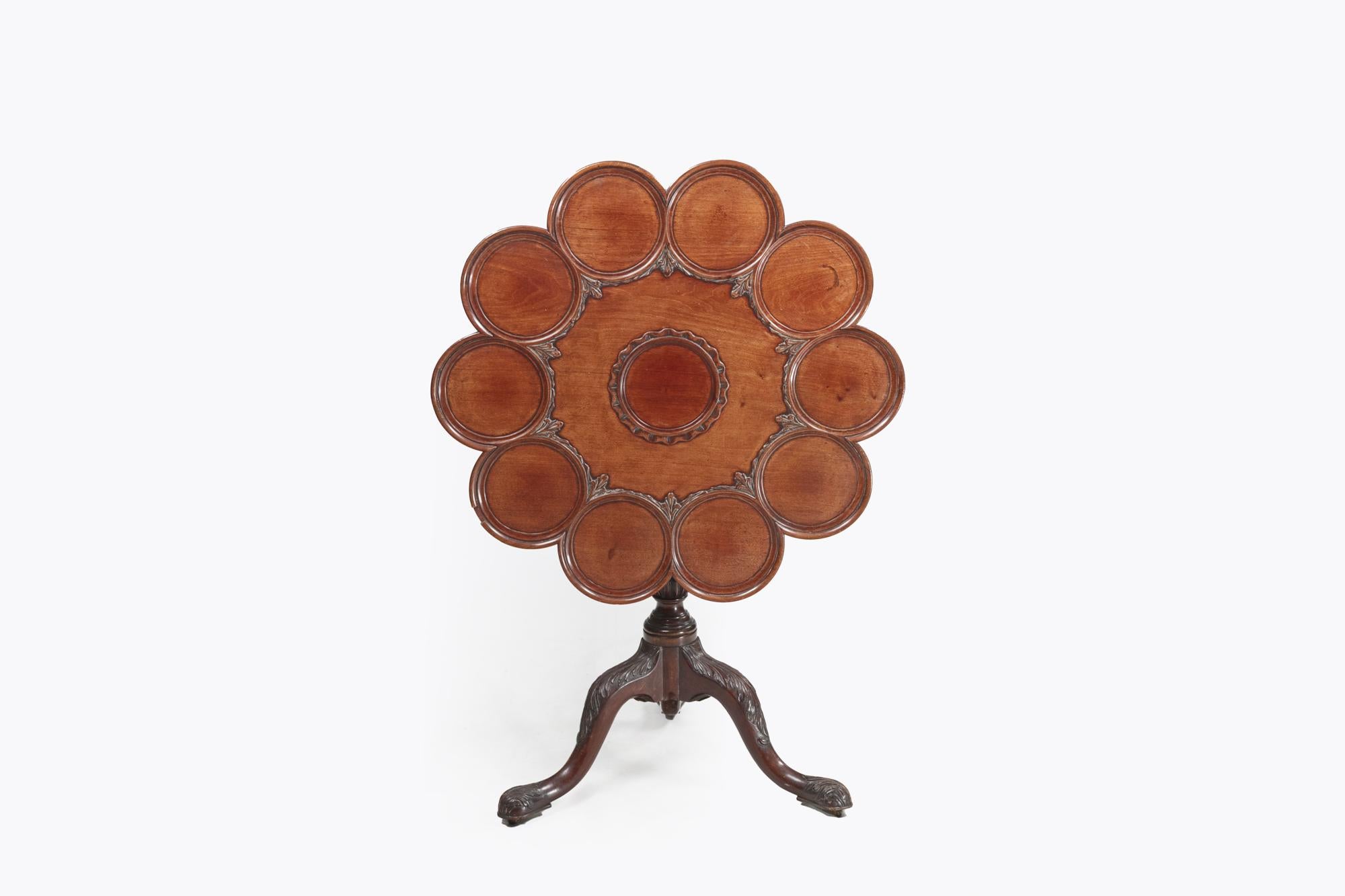 19th Century George III scalloped mahogany occasional tip-up table with recessed circular depressions to top for holding cups, saucers or supper plates. The top is further adorned with carved foliate motif and centred by a circle with scalloped