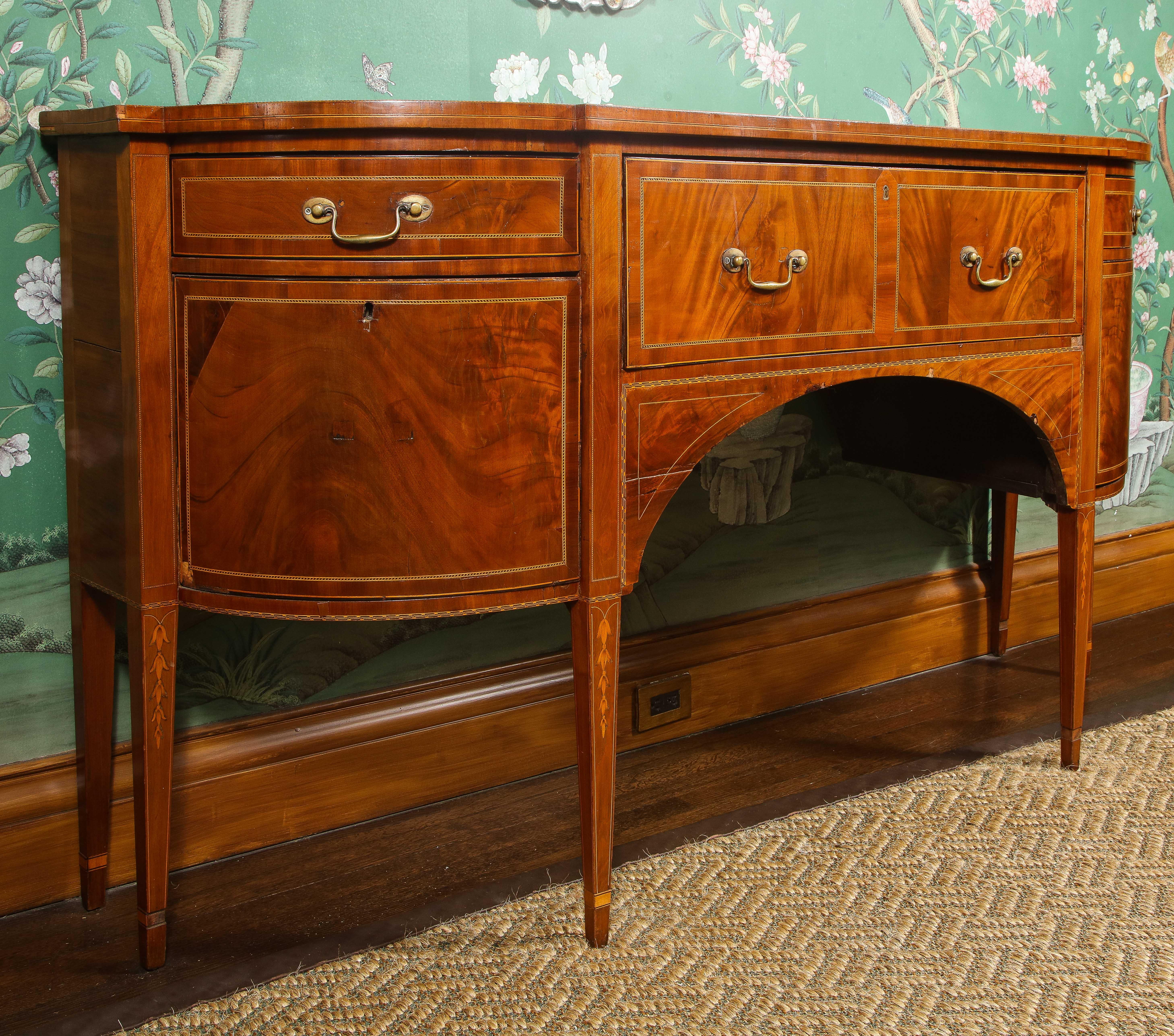 19th Century George III Style Parquetry Inlaid Bowfront Mahogany Buffet For Sale 8