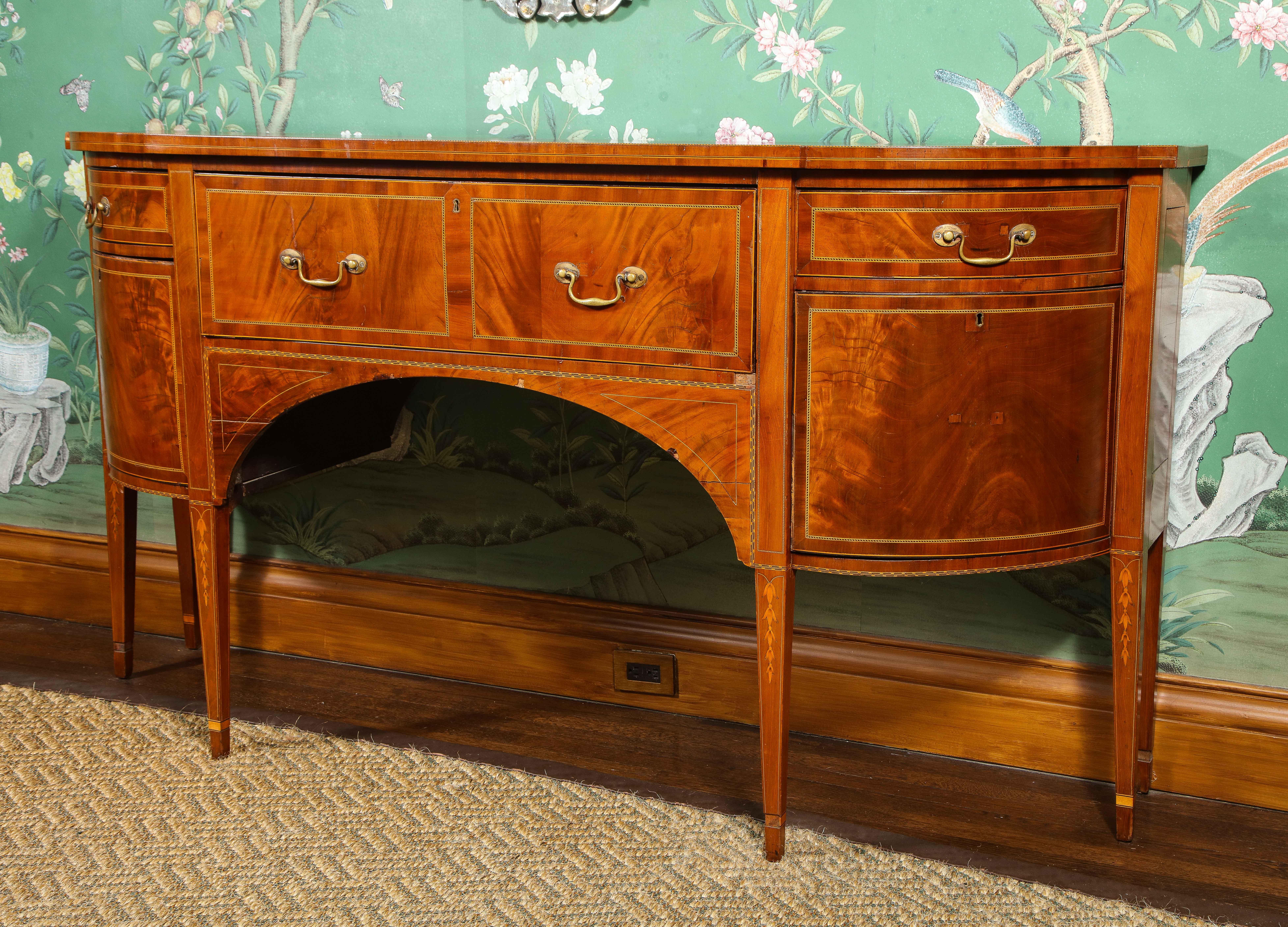 19th Century George III Style Parquetry Inlaid Bowfront Mahogany Buffet For Sale 3
