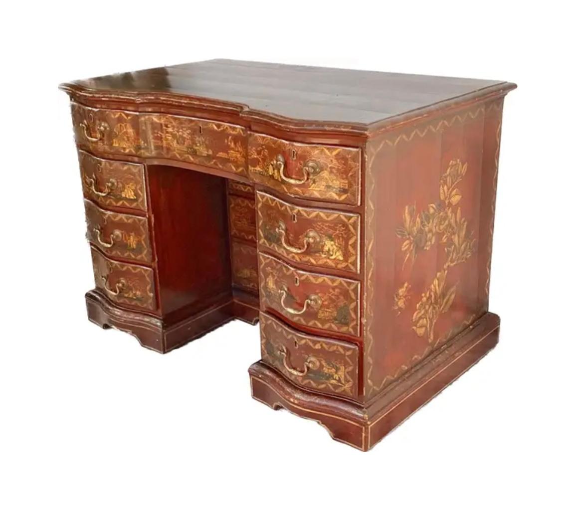Chinoiserie 19th Century George III Style Red Japanned Knee-Hole Desk For Sale