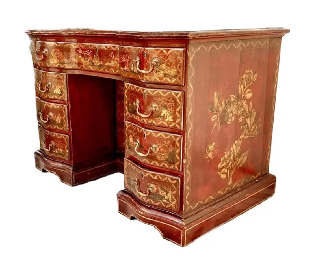 Wood 19th Century George III Style Red Japanned Knee-Hole Desk For Sale