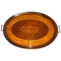19th Century George III Wood Mahogany Inlay Tea Tray Tables Dishes, 1820s