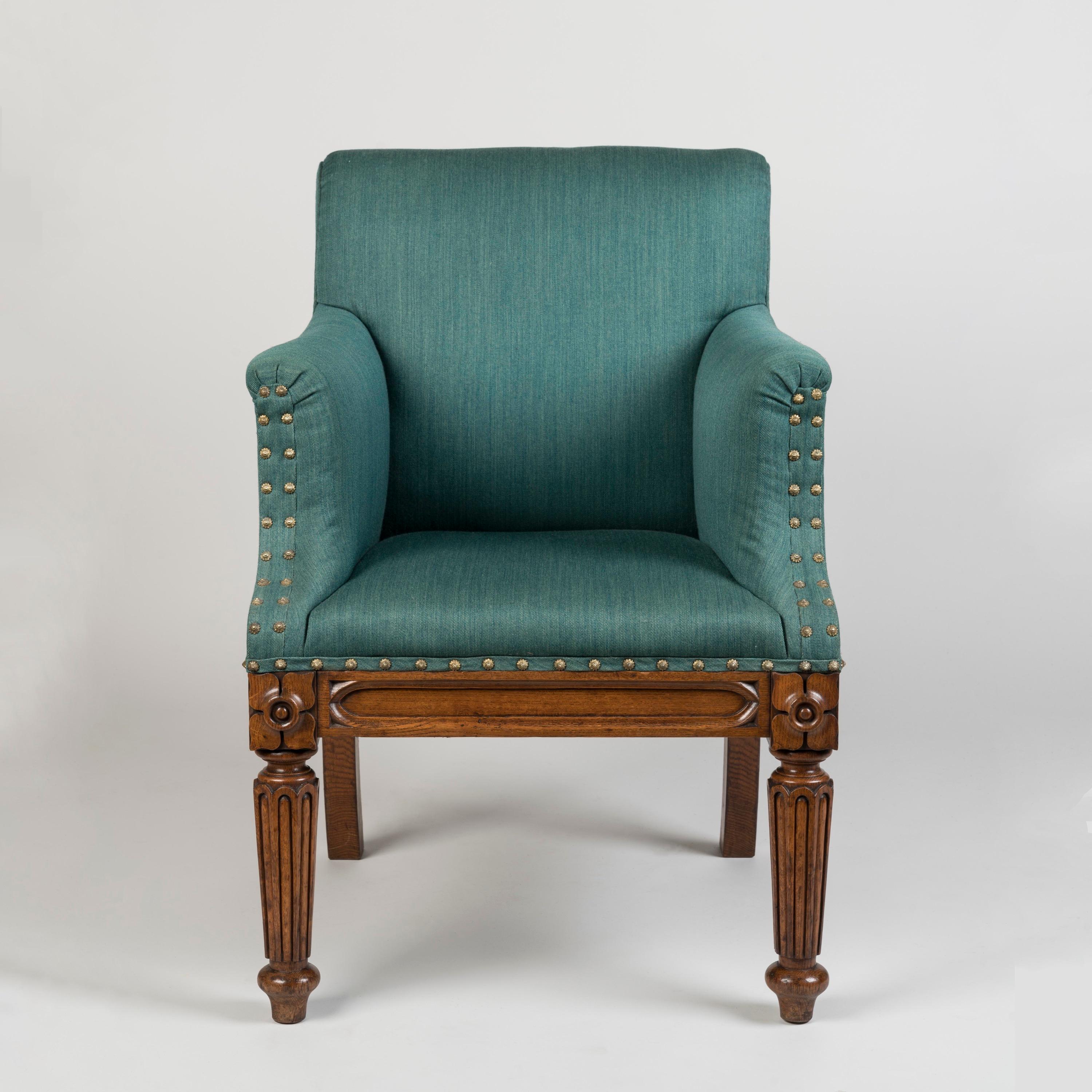 19th Century George IV Period Carved Oak Armchairs with Blue Upholstery For Sale 1
