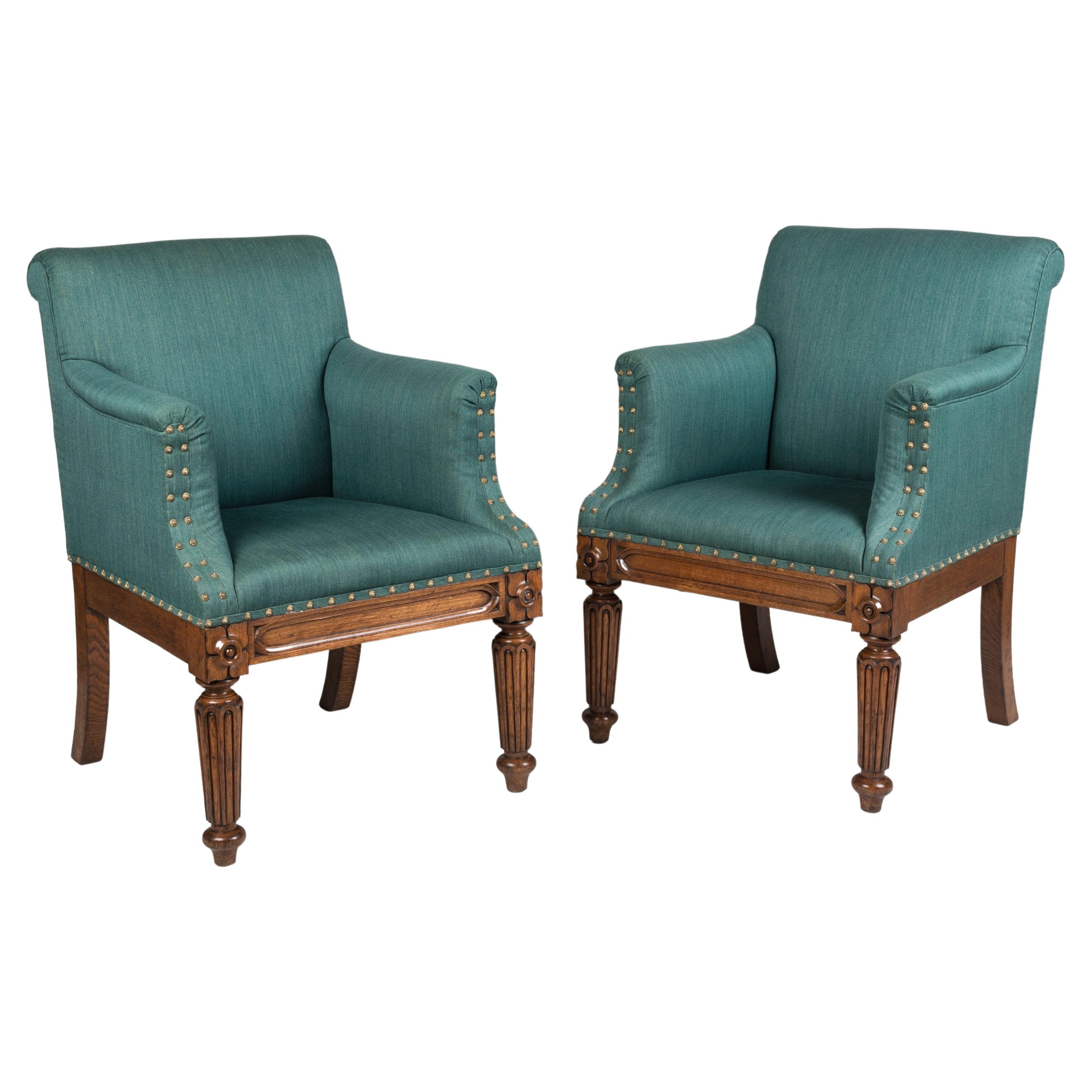 19th Century George IV Period Carved Oak Armchairs with Blue Upholstery For Sale
