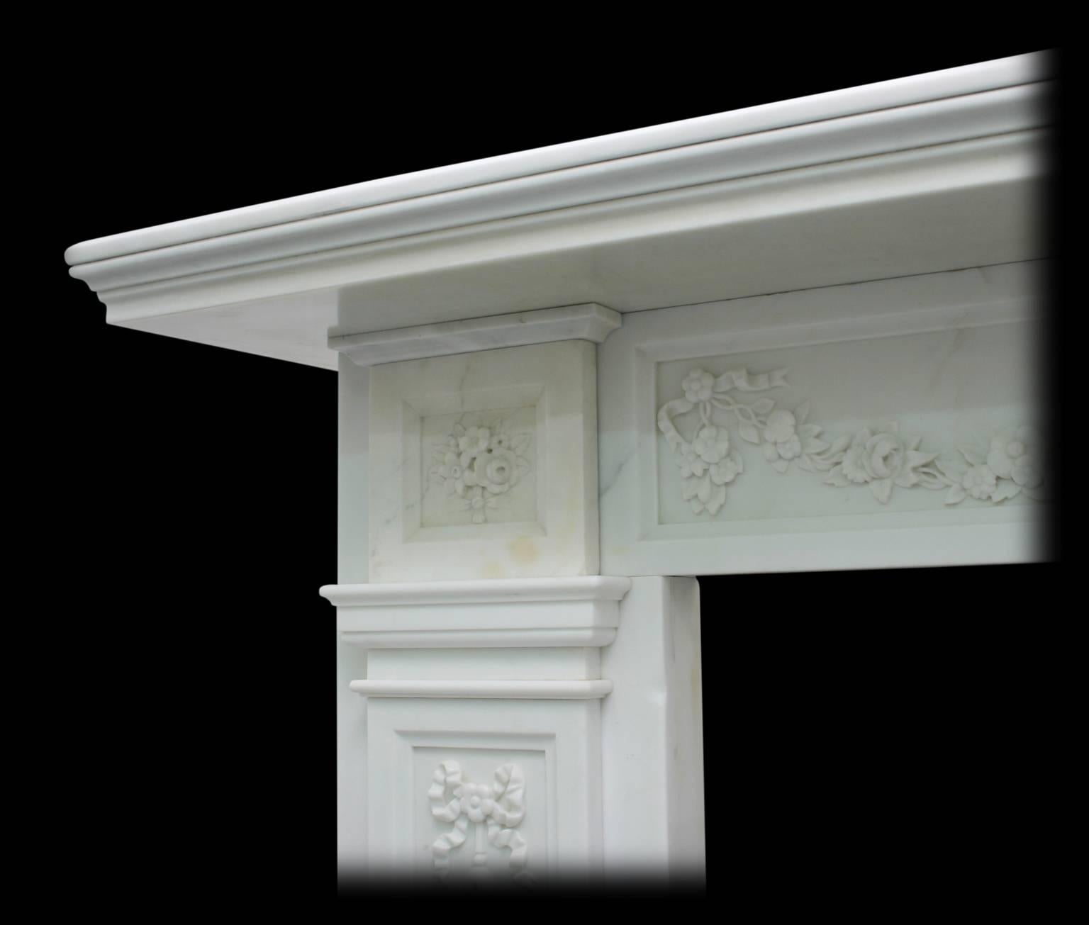 Hand-Carved 19th Century George IV Statuary White Marble Fireplace Surround For Sale