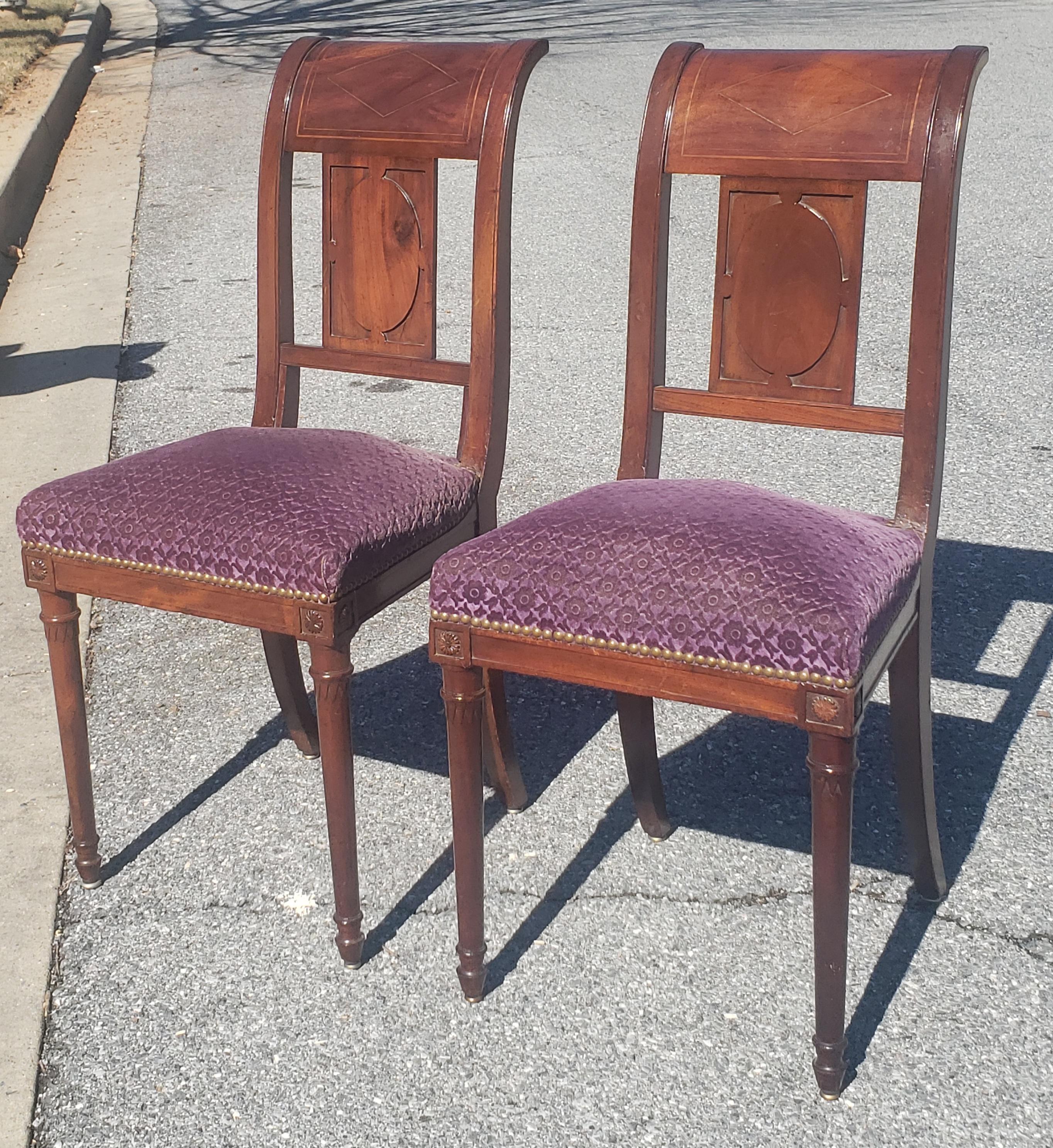 Napoleon III 19th Century George Jacob Continental Brass Inlaid Mahogany Side Chairs, a Pair For Sale