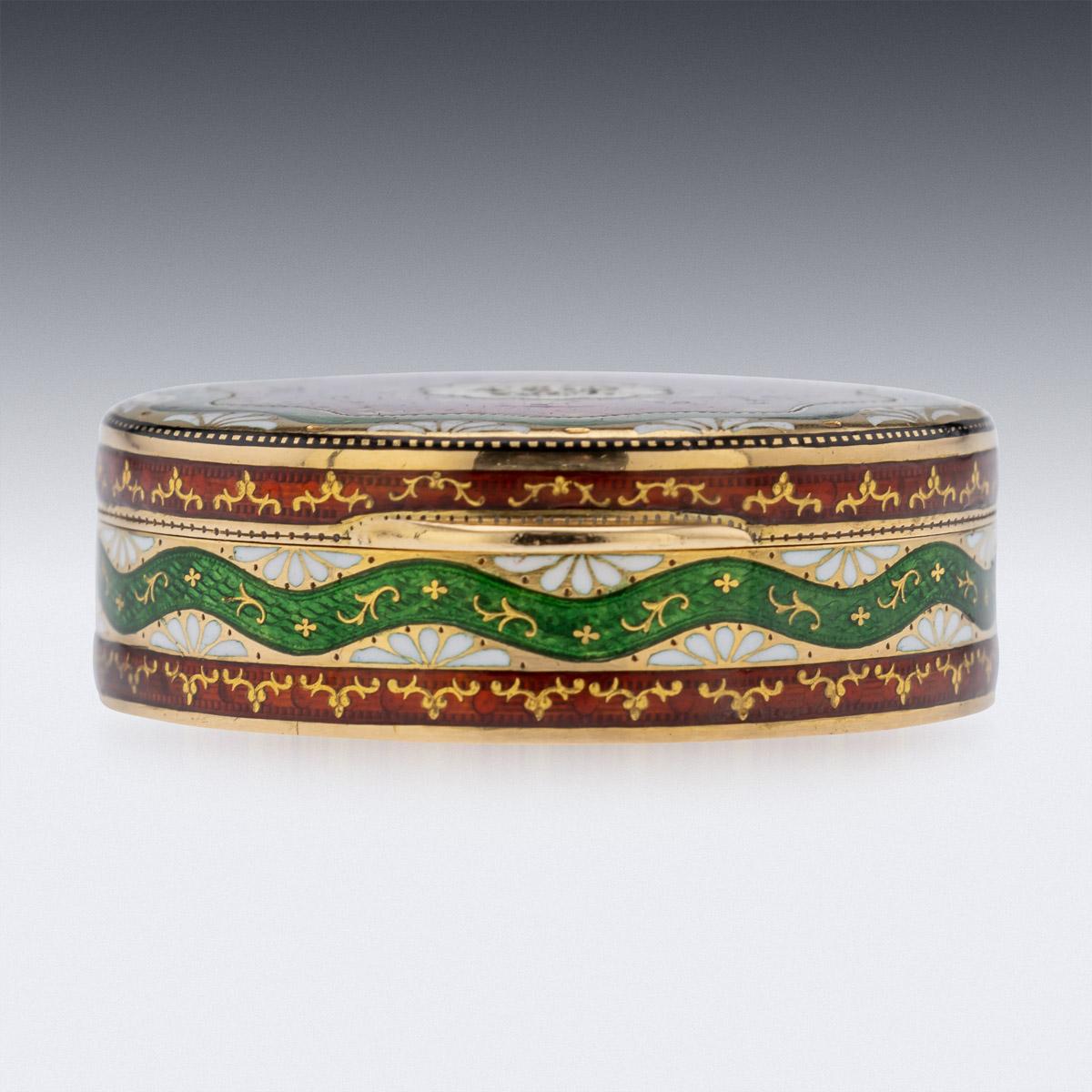 19th Century Georgian 18k gold & guilloche enamel pill box, of traditional round shape and exquisite quality, the lid elaborately decorated with an array of wavy colours of translucent enamel on engine turned ground. The sides inlaid with white