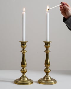 19th Century Georgian Brass Candlesticks, French Pair in Gold Finish