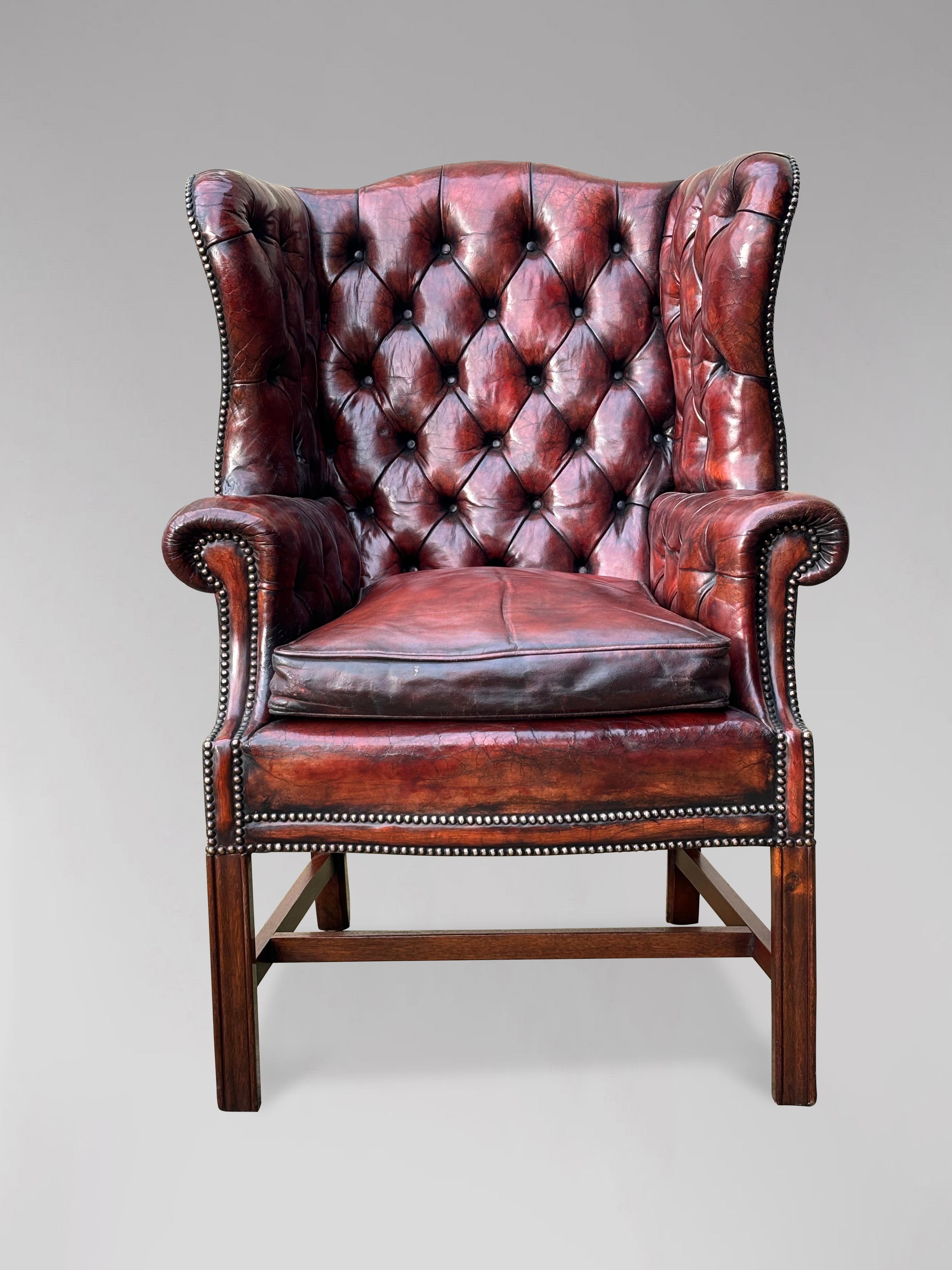 Polished 19th Century, Georgian, Burgundy Leather Wing Armchair For Sale