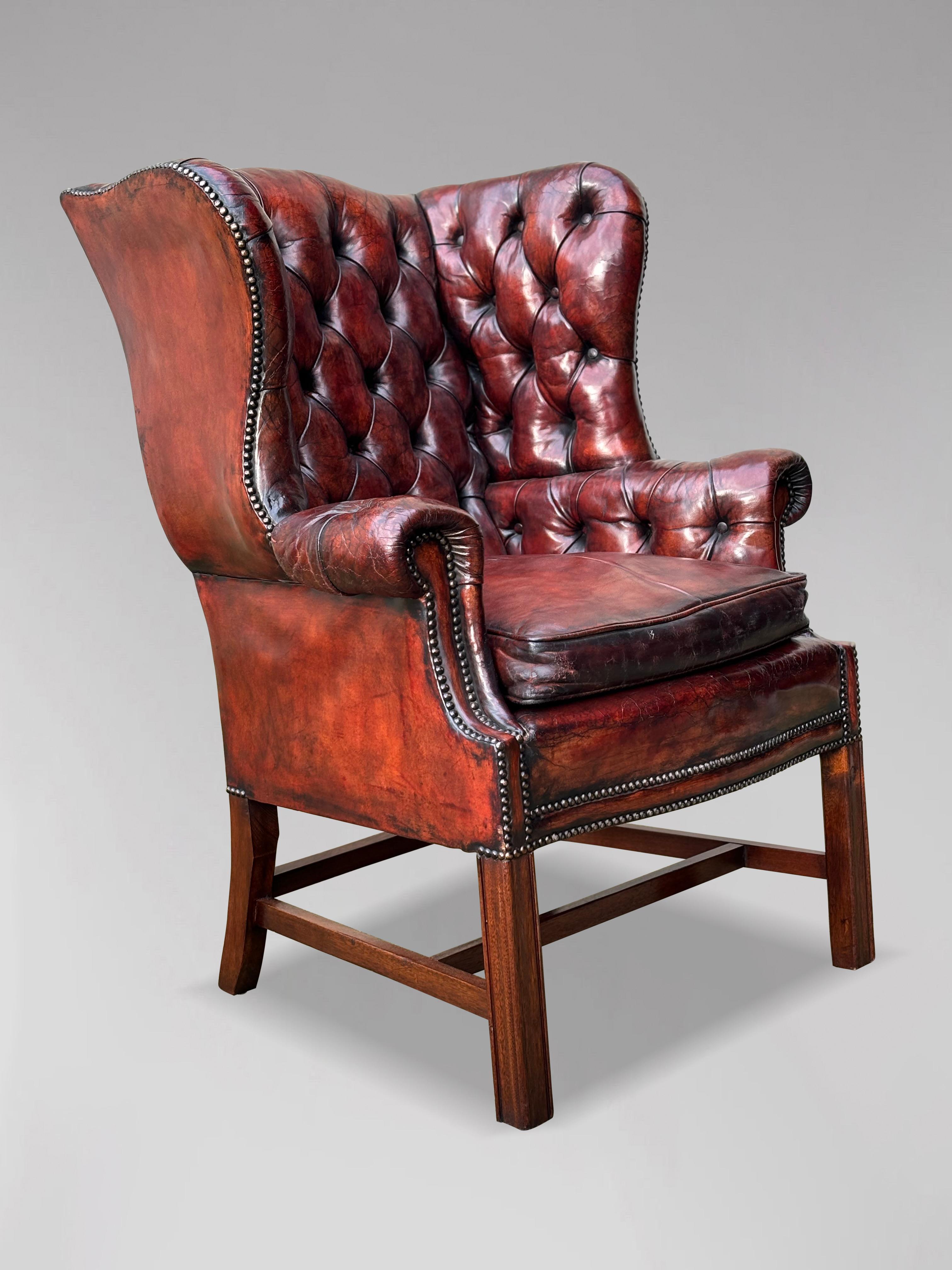 19th Century, Georgian, Burgundy Leather Wing Armchair In Good Condition For Sale In Petworth,West Sussex, GB