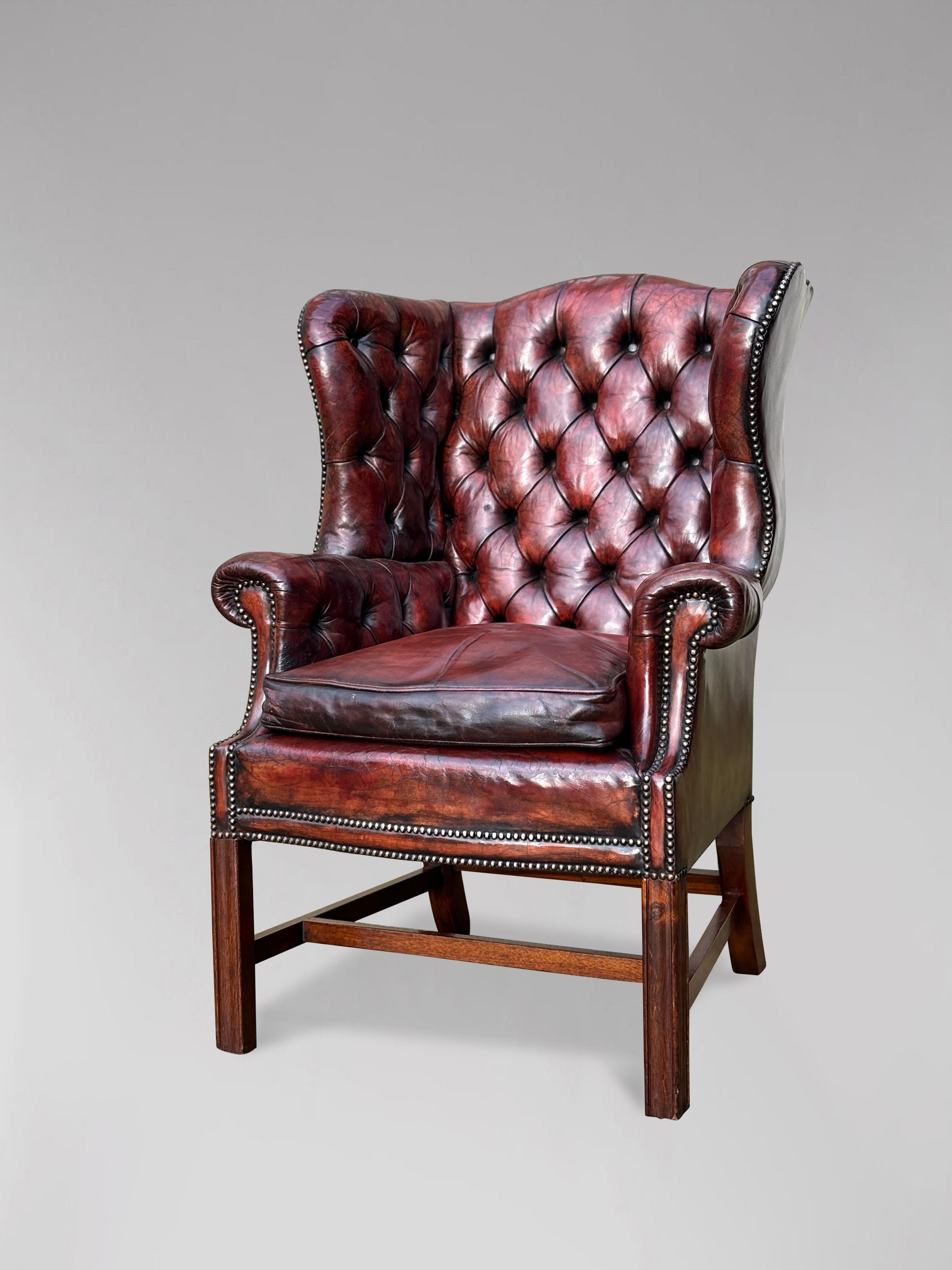 19th Century, Georgian, Burgundy Leather Wing Armchair In Good Condition For Sale In Petworth,West Sussex, GB