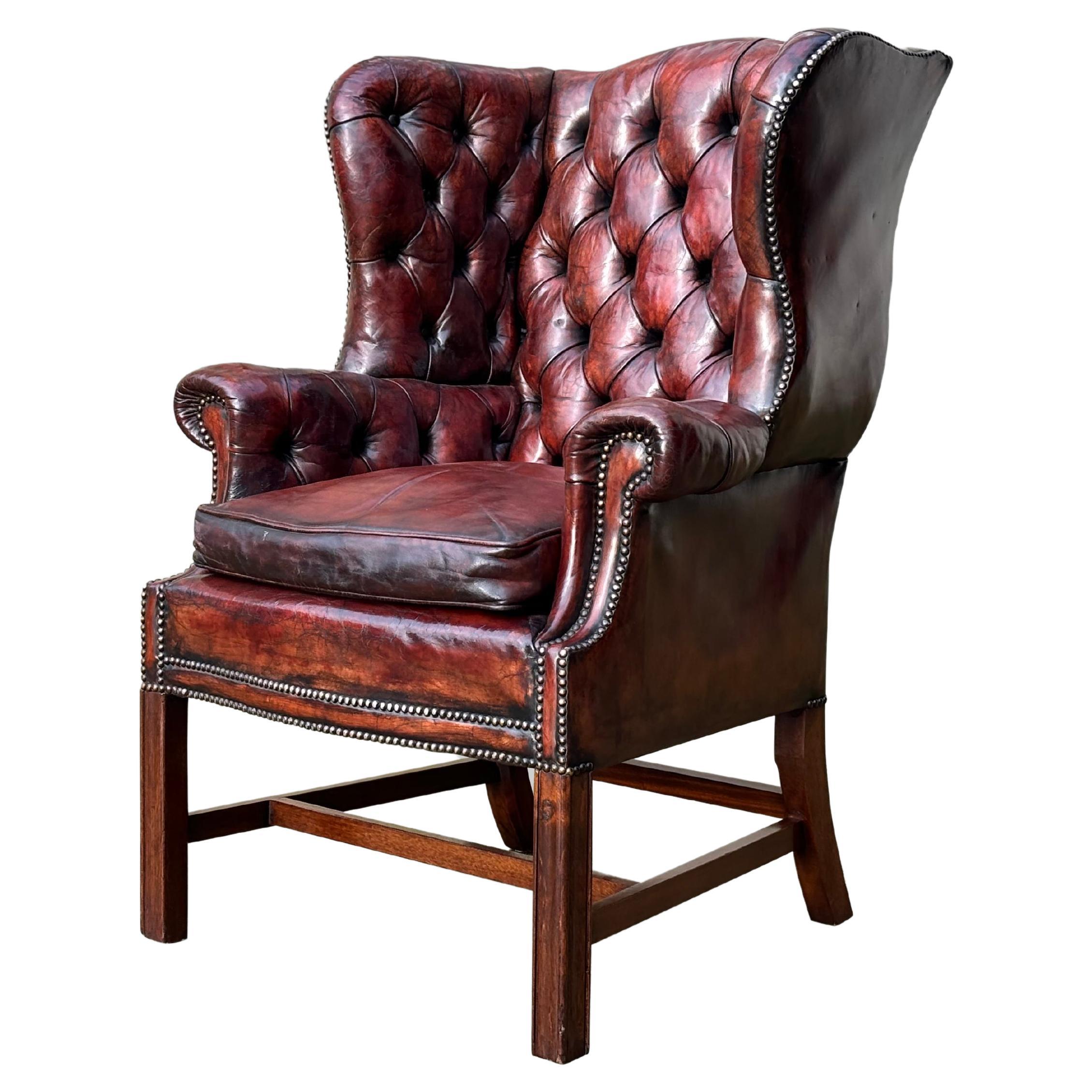 19th Century, Georgian, Burgundy Leather Wing Armchair For Sale