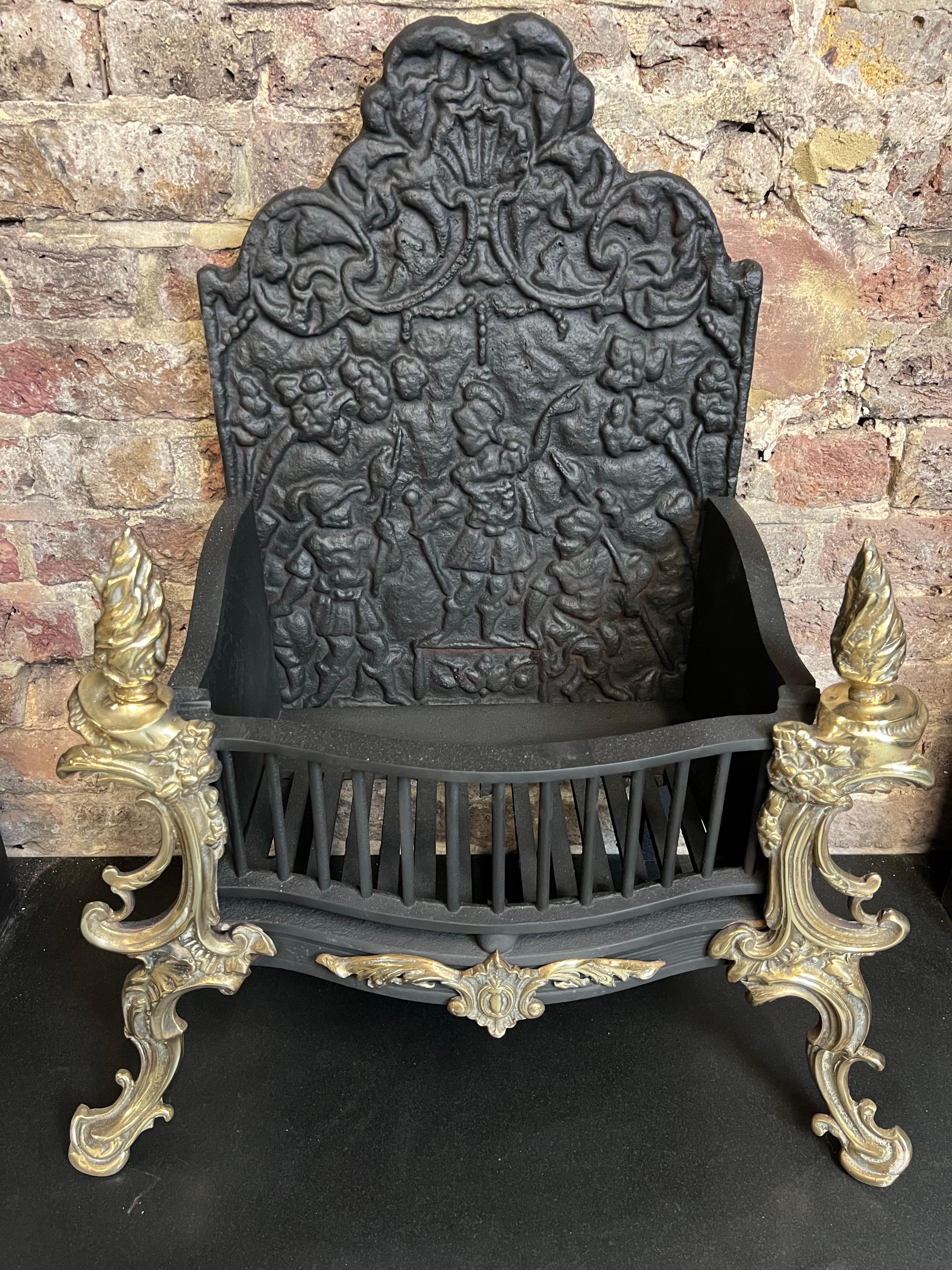 19th Century Georgian Cast Iron & Brass High Back Fire Basket Grate For Sale 7
