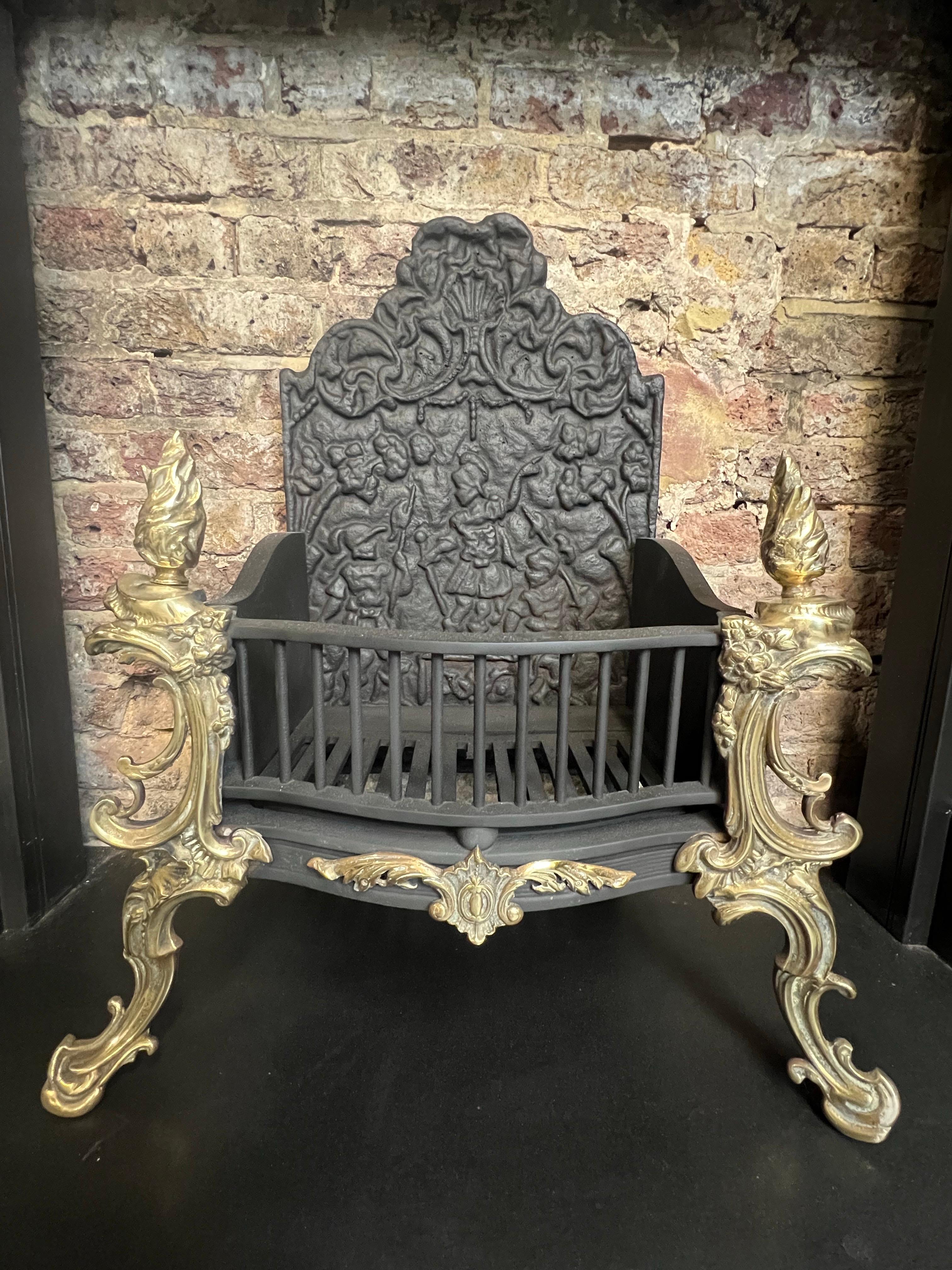 19th Century Georgian Cast Iron & Brass High Back Fire Basket Grate For Sale 11