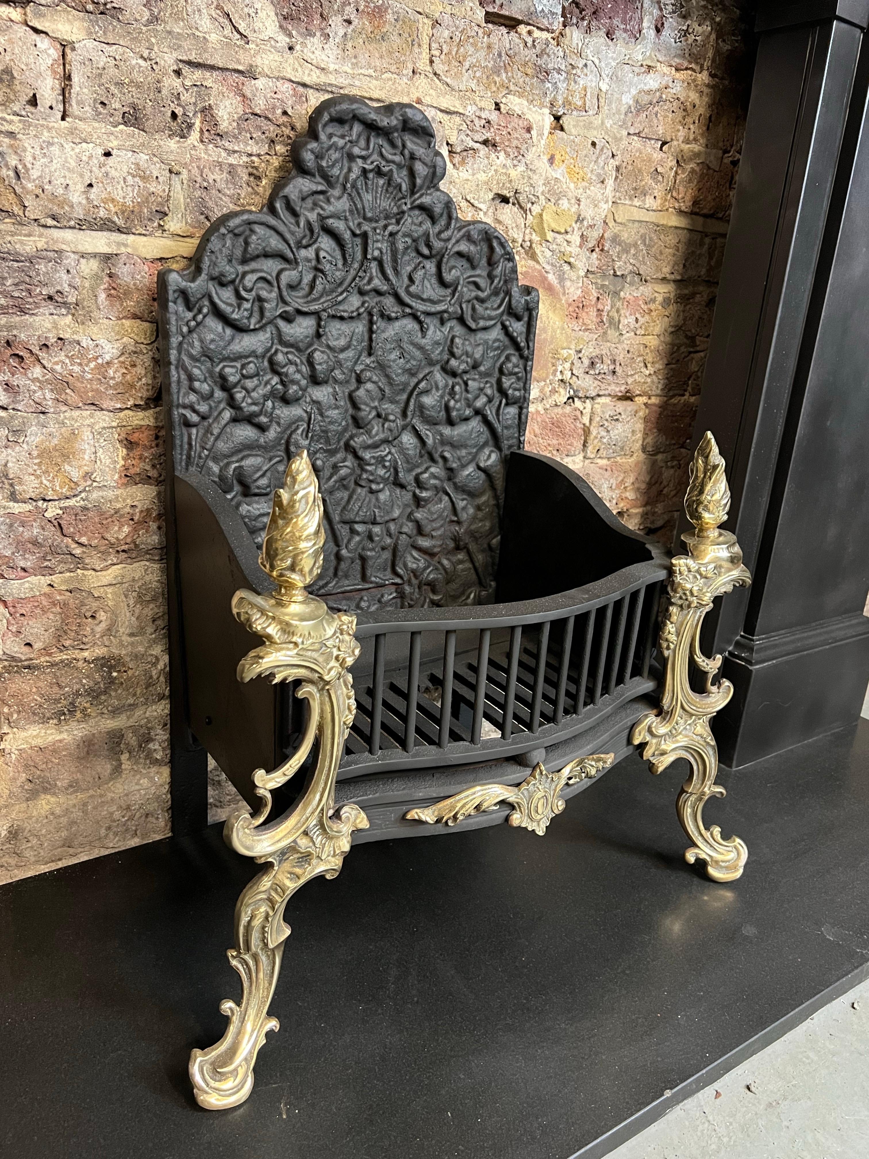 Blackened 19th Century Georgian Cast Iron & Brass High Back Fire Basket Grate For Sale