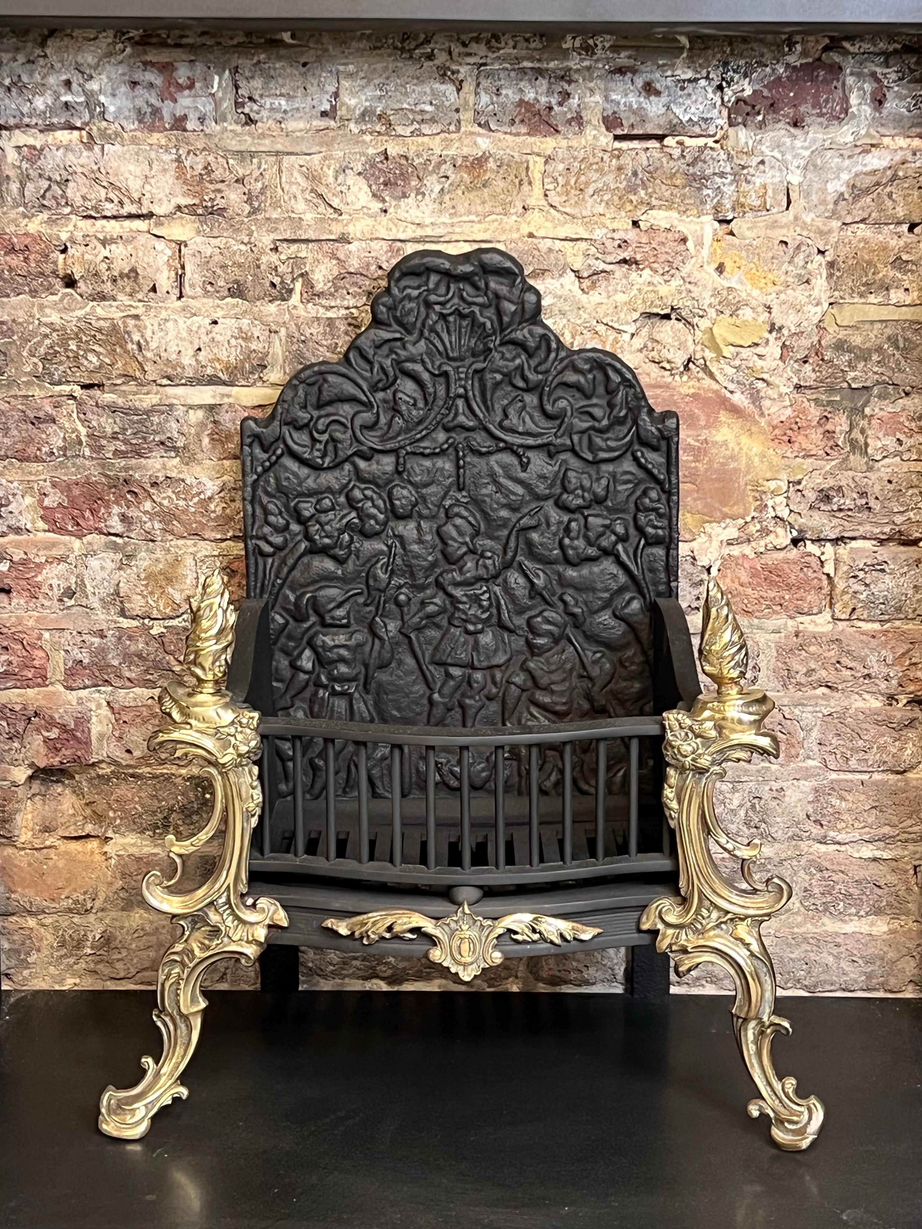 19th Century Georgian Cast Iron & Brass High Back Fire Basket Grate For Sale 1