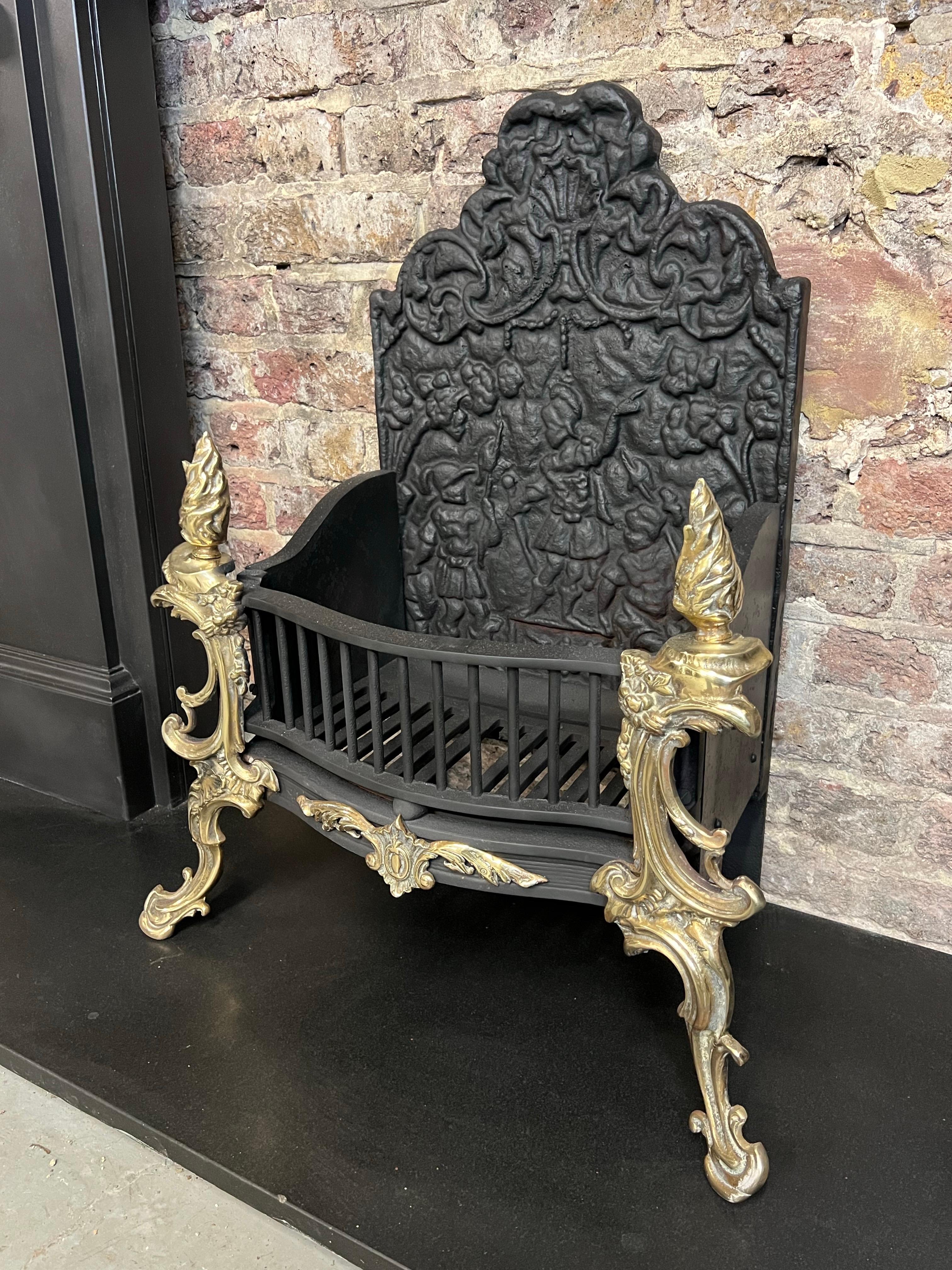 19th Century Georgian Cast Iron & Brass High Back Fire Basket Grate For Sale 3