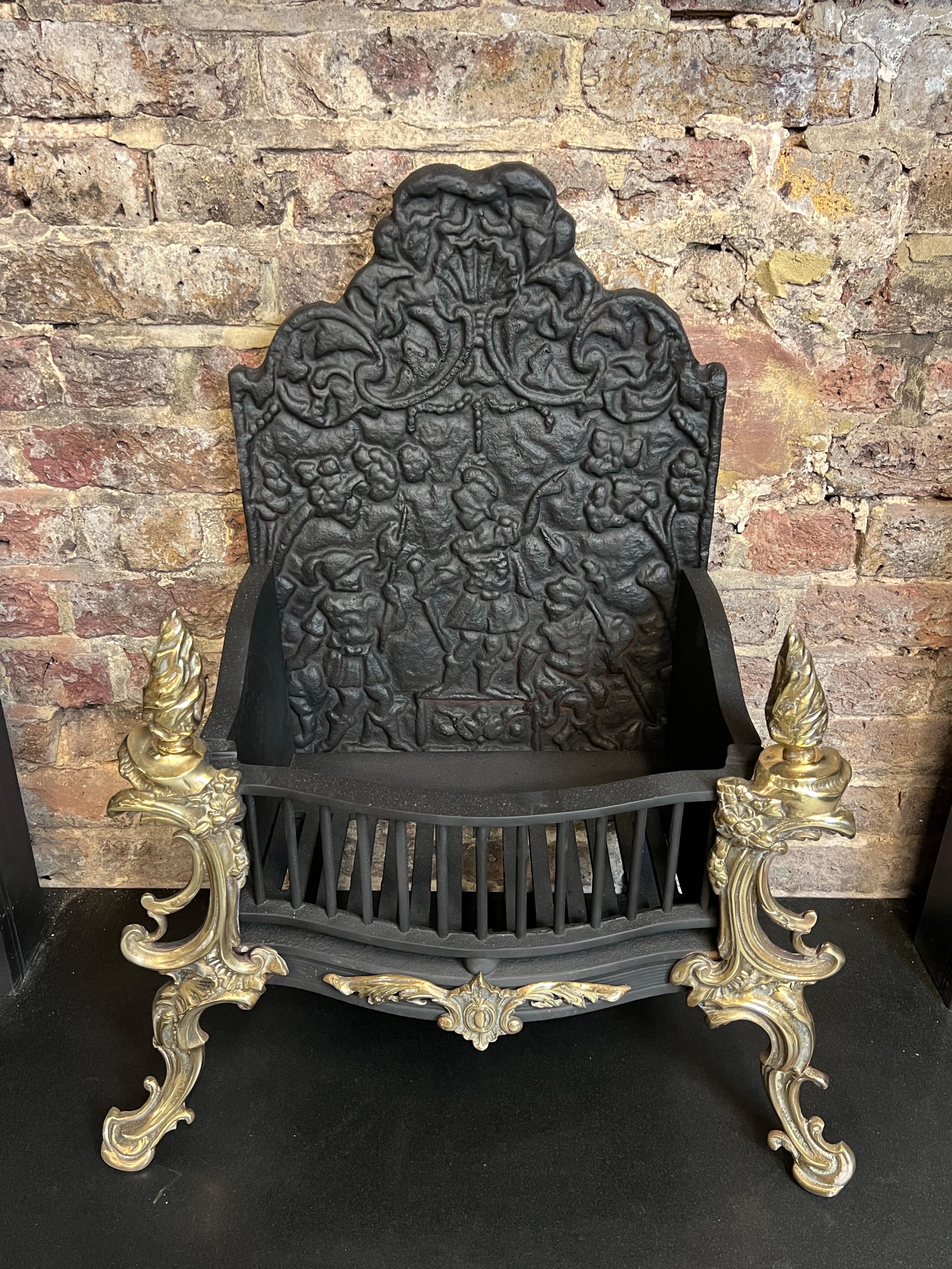 19th Century Georgian Cast Iron & Brass High Back Fire Basket Grate For Sale 5
