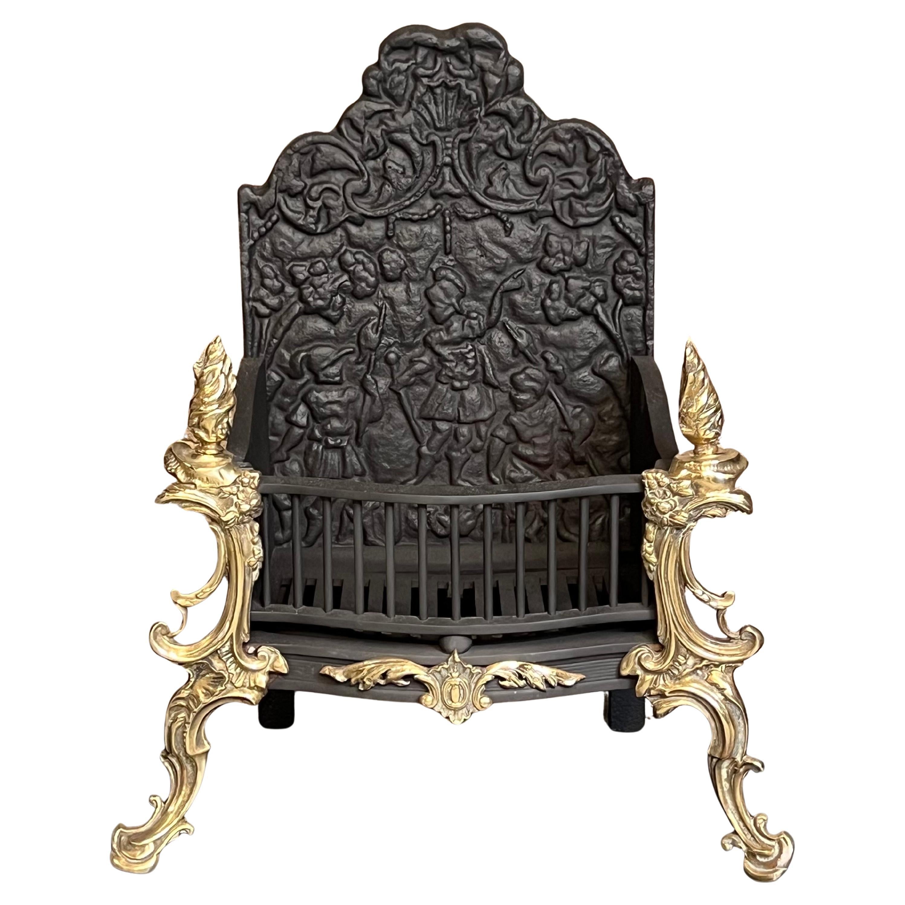 19th Century Georgian Cast Iron & Brass High Back Fire Basket Grate For Sale