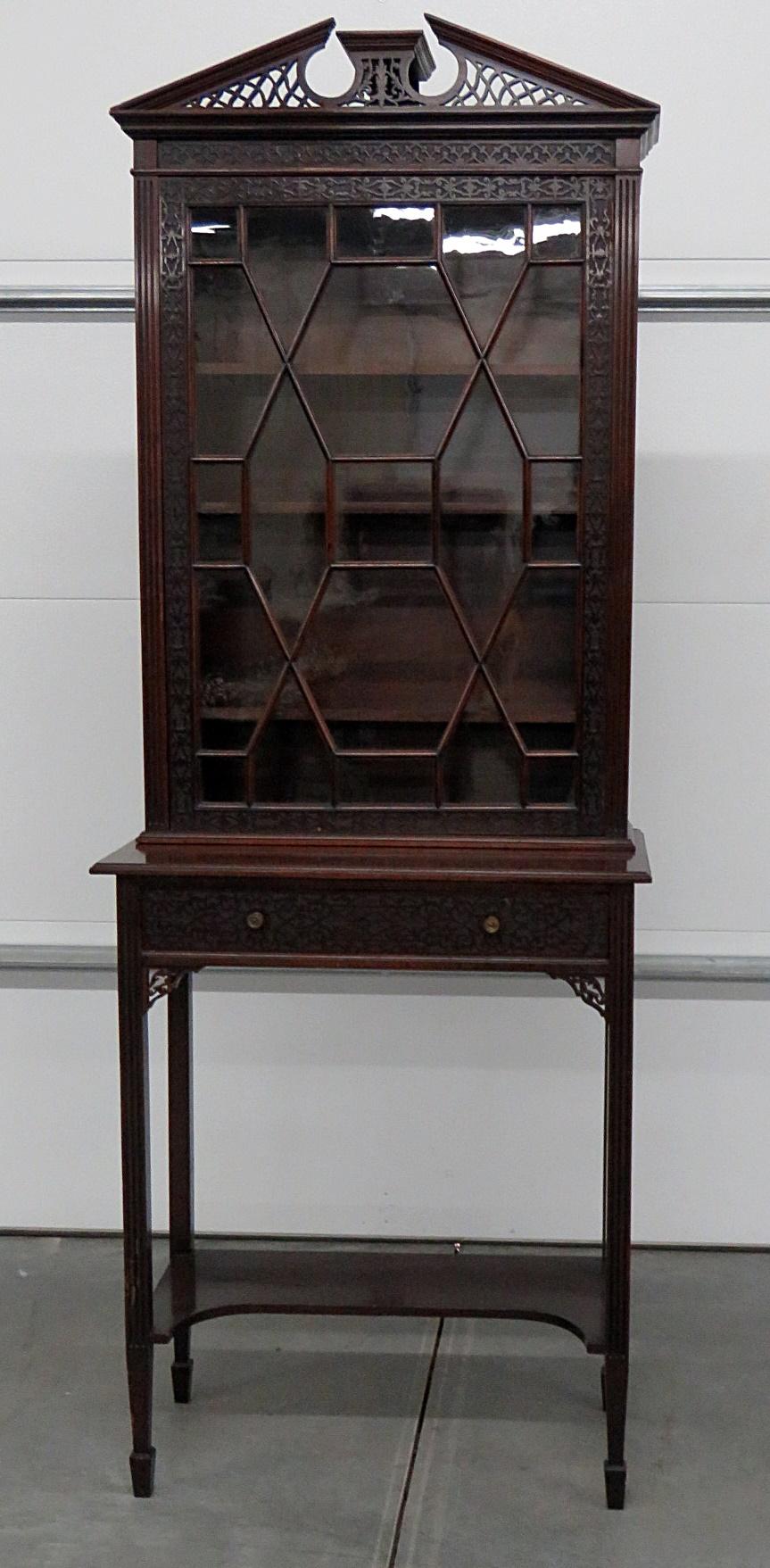 19th century Georgian collectors cabinet with one door containing 3 shelves over 1 drawer.